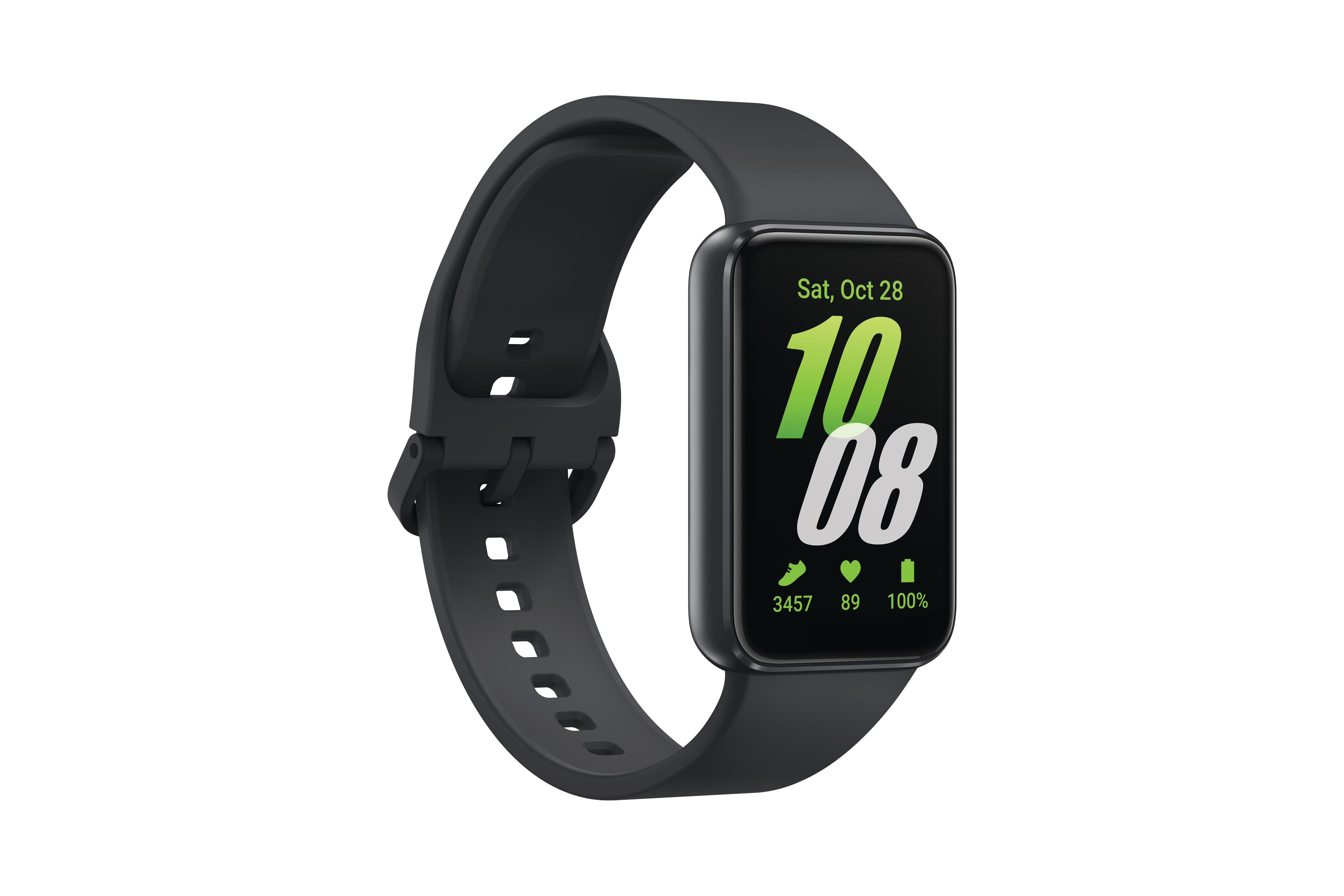 Schwarze Smartwatch mit digitaler Anzeige, die Zeit und Gesundheitsmetriken anzeigt, auf weißem Hintergrund.
