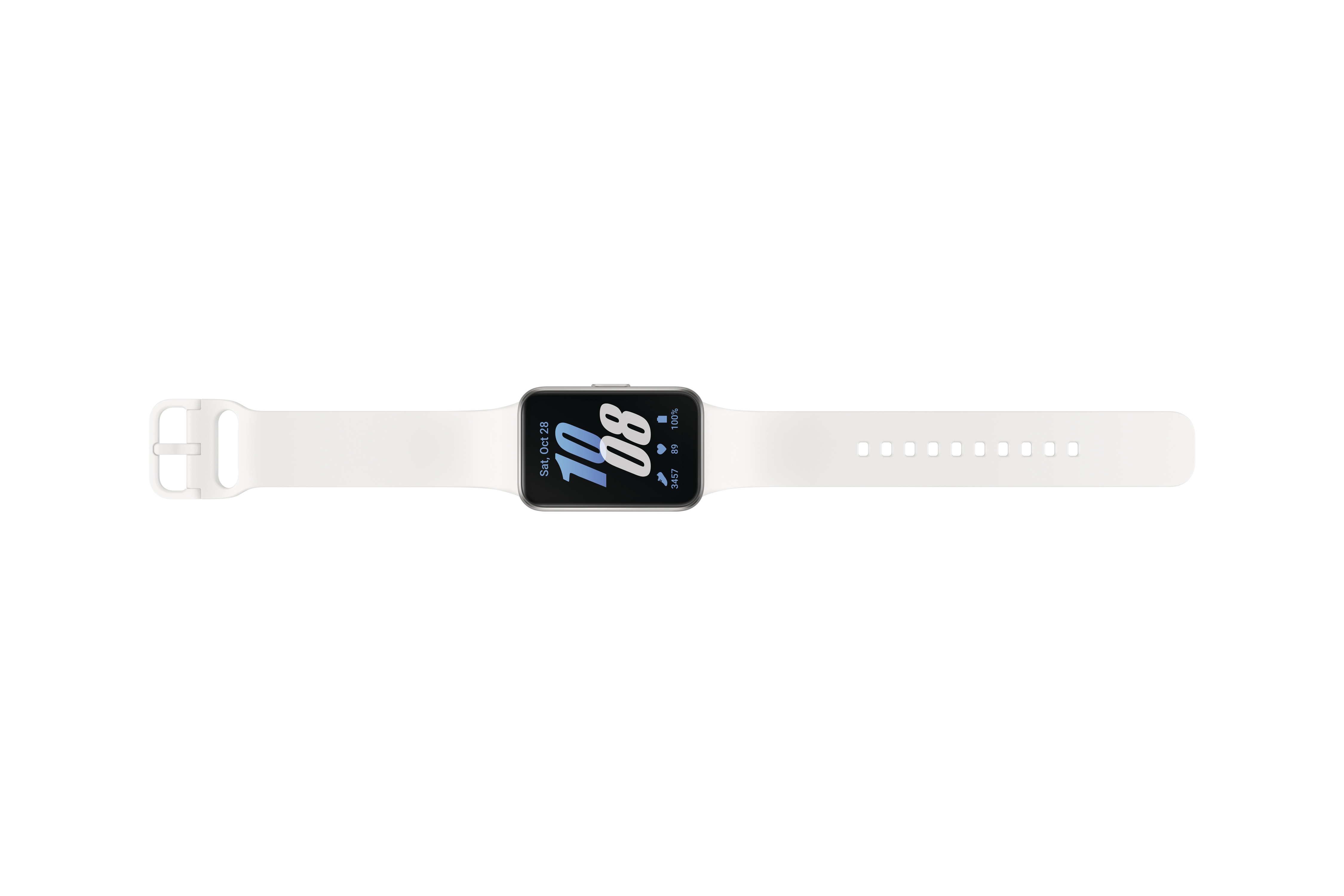 Smartwatch mit weißem Armband. Das Zifferblatt zeigt die Uhrzeit an.