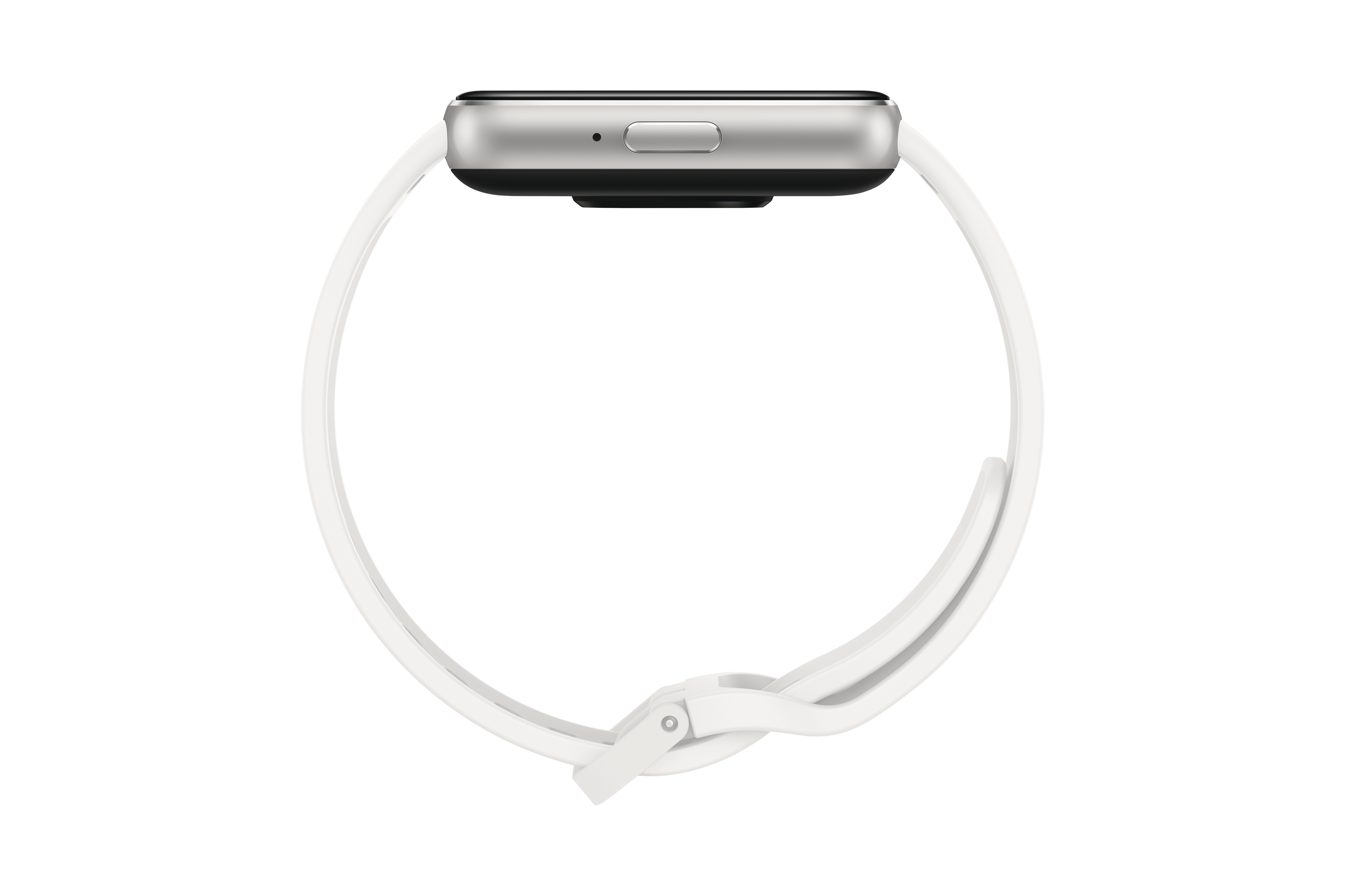 Eine silberne Smartwatch mit weißem Armband, Seitenansicht, zeigt das Armband und die Uhr.