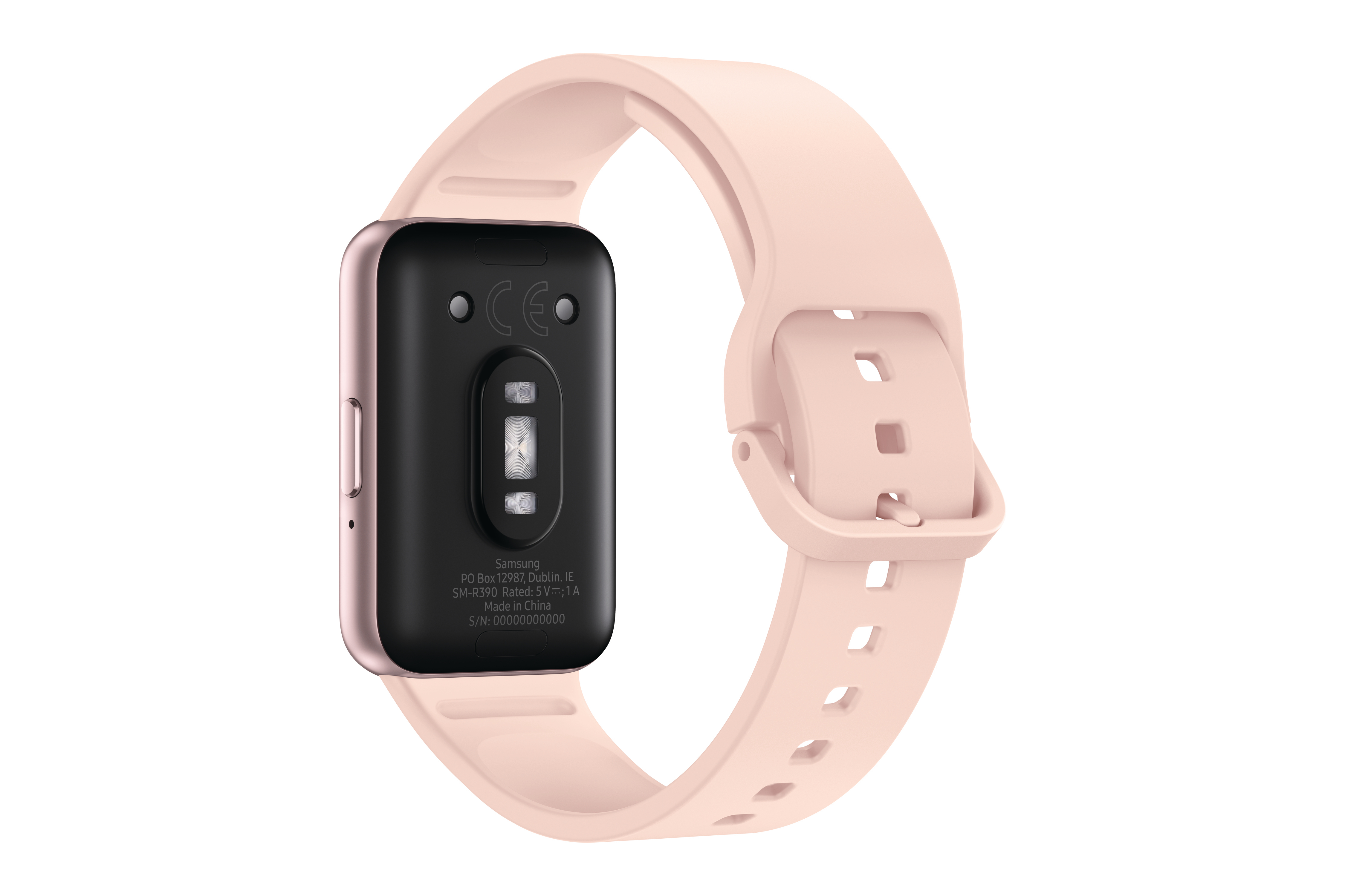 Eine pinkfarbene Samsung Smartwatch mit sichtbarer Unterseite, die Sensoren und ein Armband zeigt.