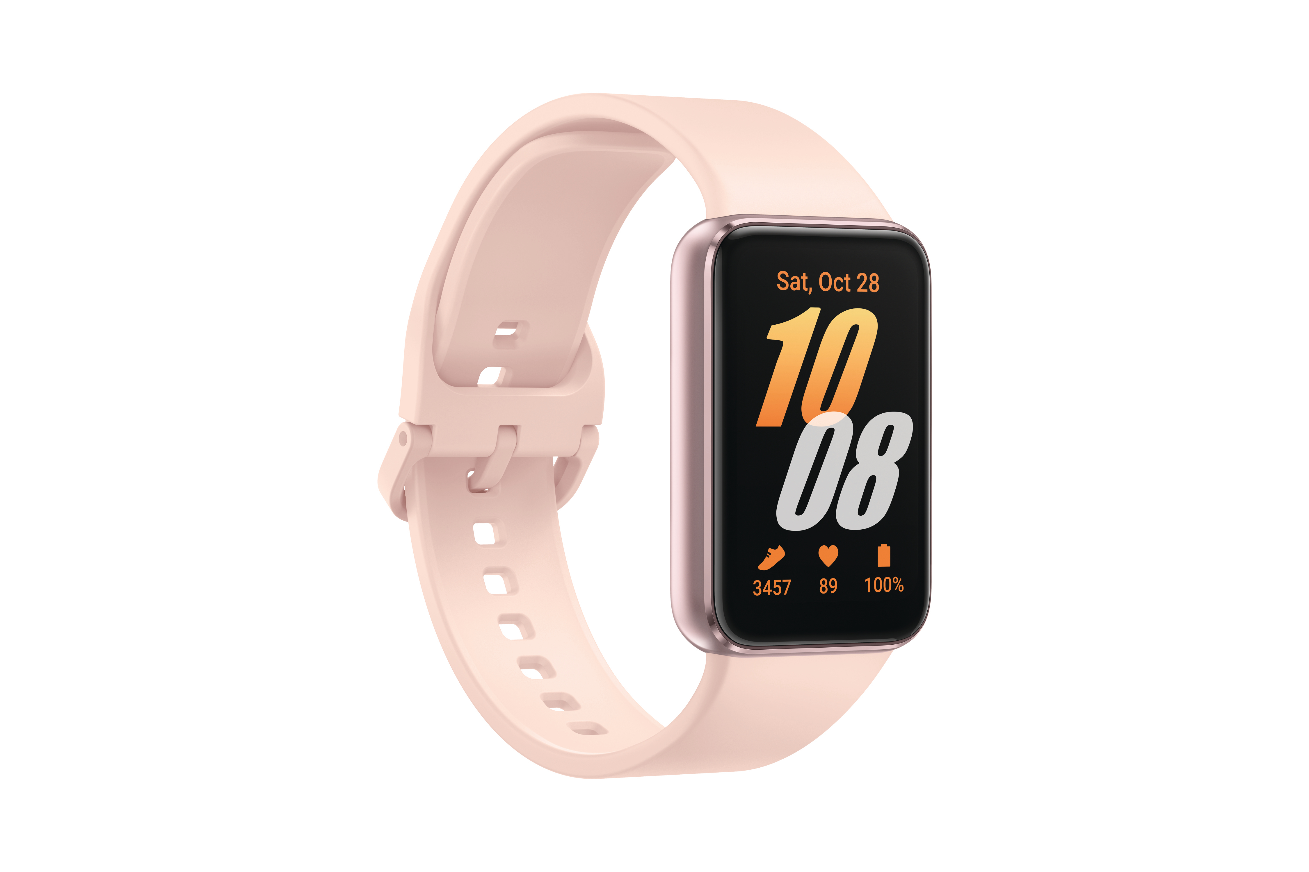Rosa Fitnesstracker mit rosa Armband, zeigt Zeit und Datum auf schwarzem Bildschirm. Weißer Hintergrund.