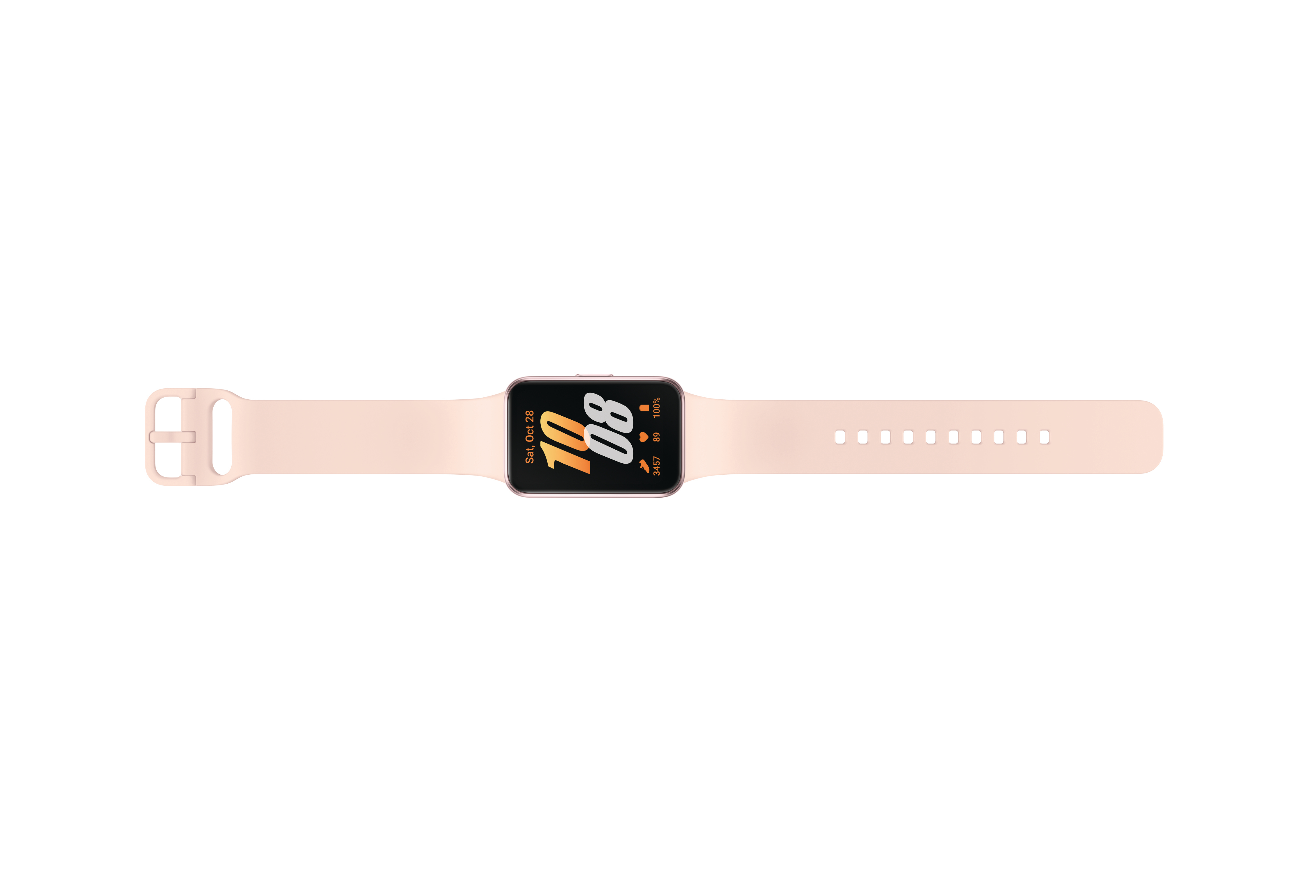 Rosafarbene Smartwatch auf weißem Hintergrund, Armband sichtbar.