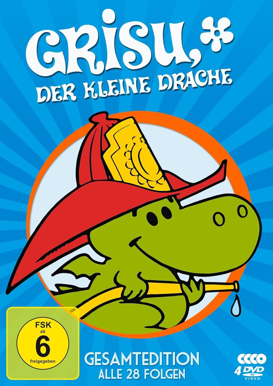 Grisu, der kleine Drache DVD-Cover. Grisu mit rotem Feuerwehrhut, gelbem Schlauch und blauem Hintergrund.