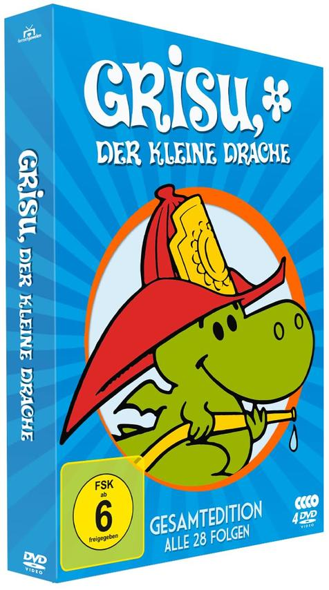 DVD-Box von Grisu, dem kleinen Drachen. Ein grüner Drache mit Feuerwehrhut ist abgebildet.