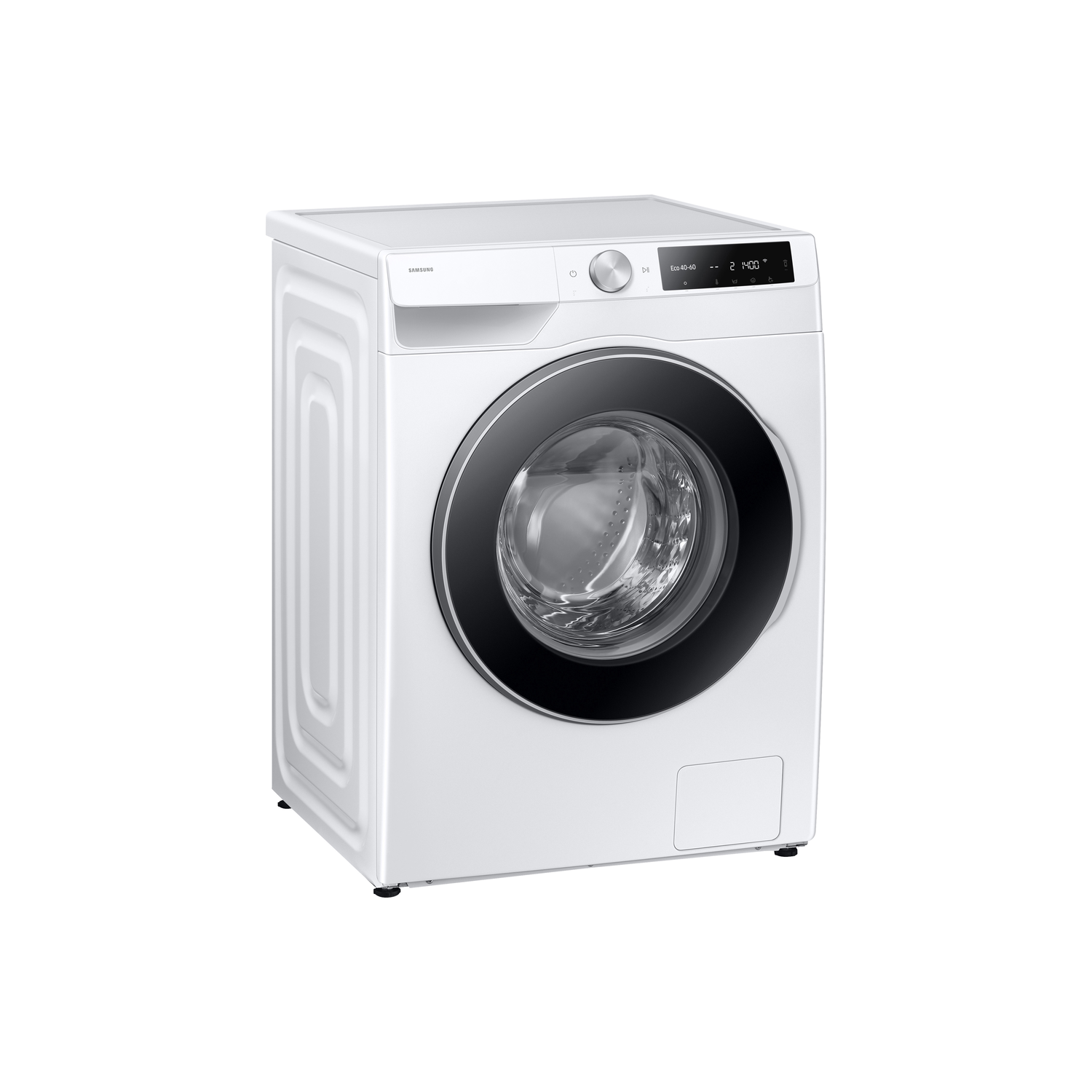 White washing machine with a black door and digital display, angled view from the right side.
