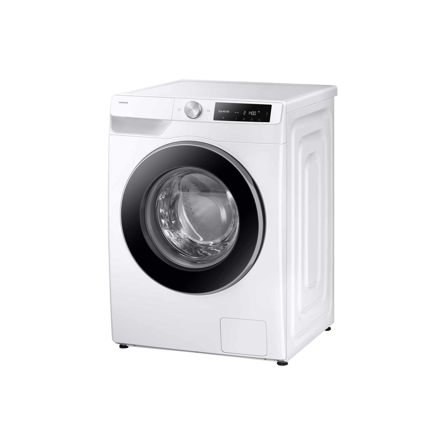 A white washing machine with a black door. The machine is on a white background, and the display is on.