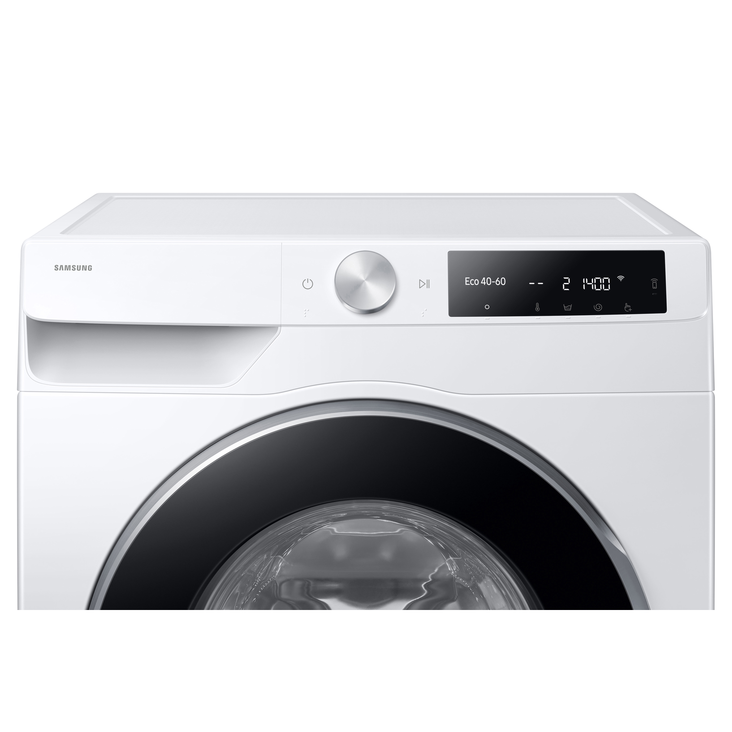 A white washing machine on a white background is shown.