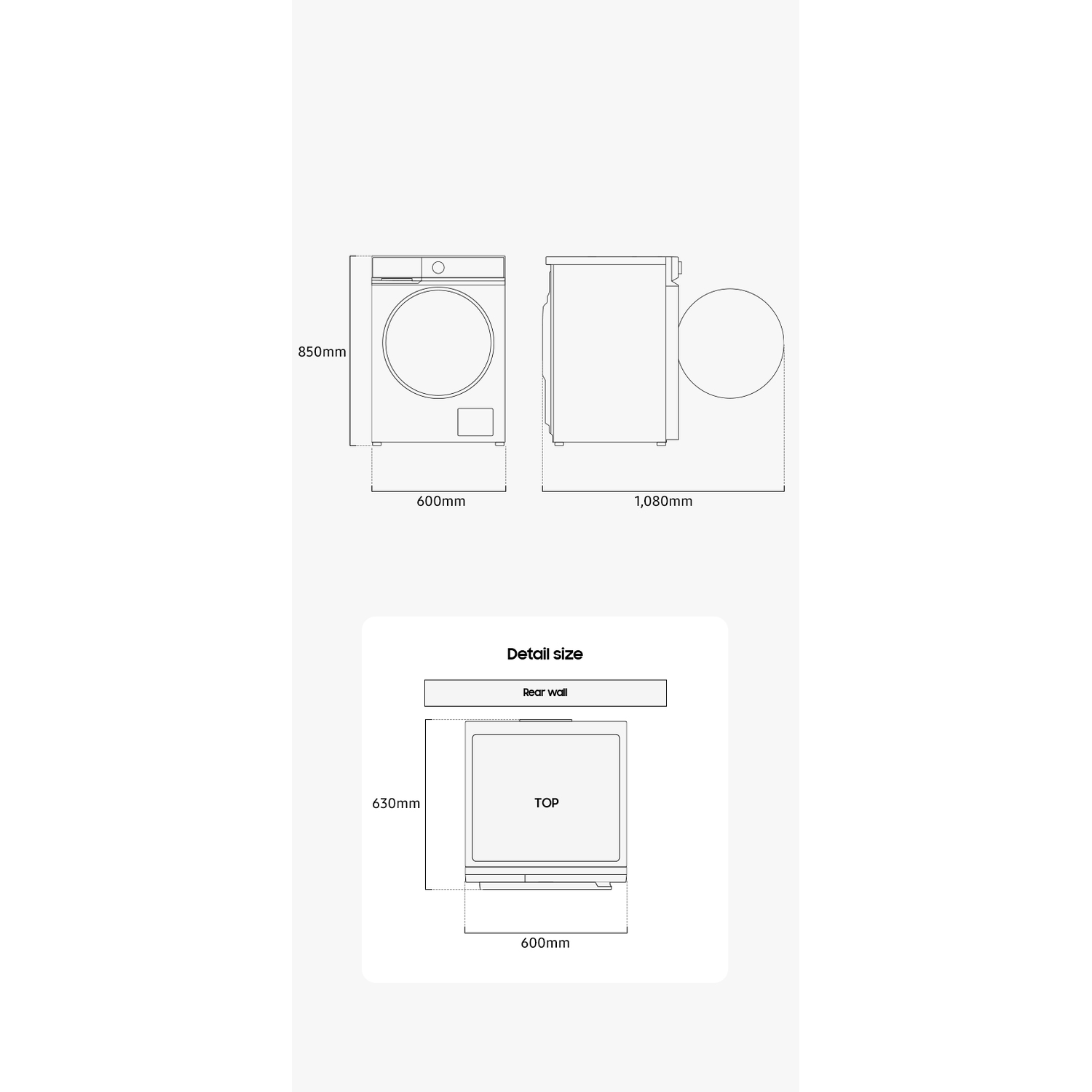 Technical drawings of a washing machine showing dimensions.