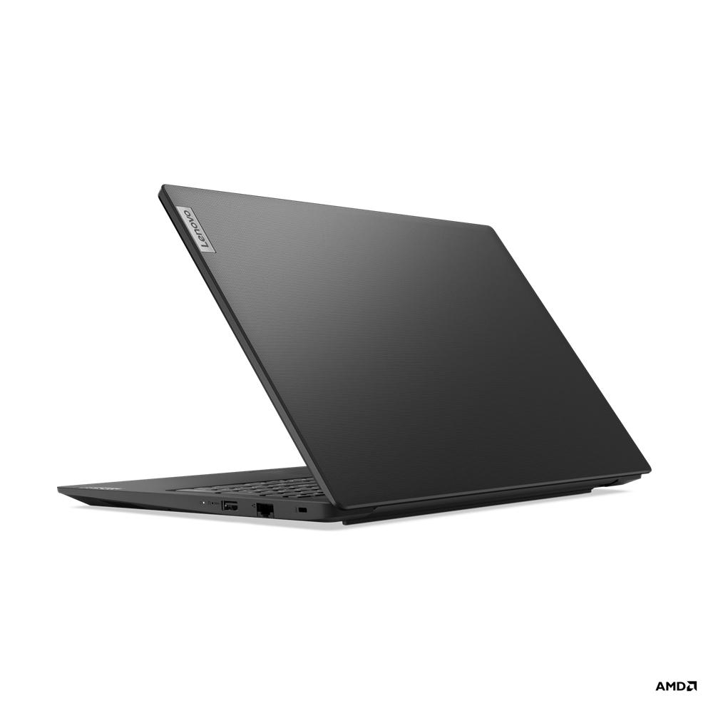 Schwarzer Laptop mit Lenovo-Logo, leicht geöffnet. Verschwommener Hintergrund mit AMD-Logo.