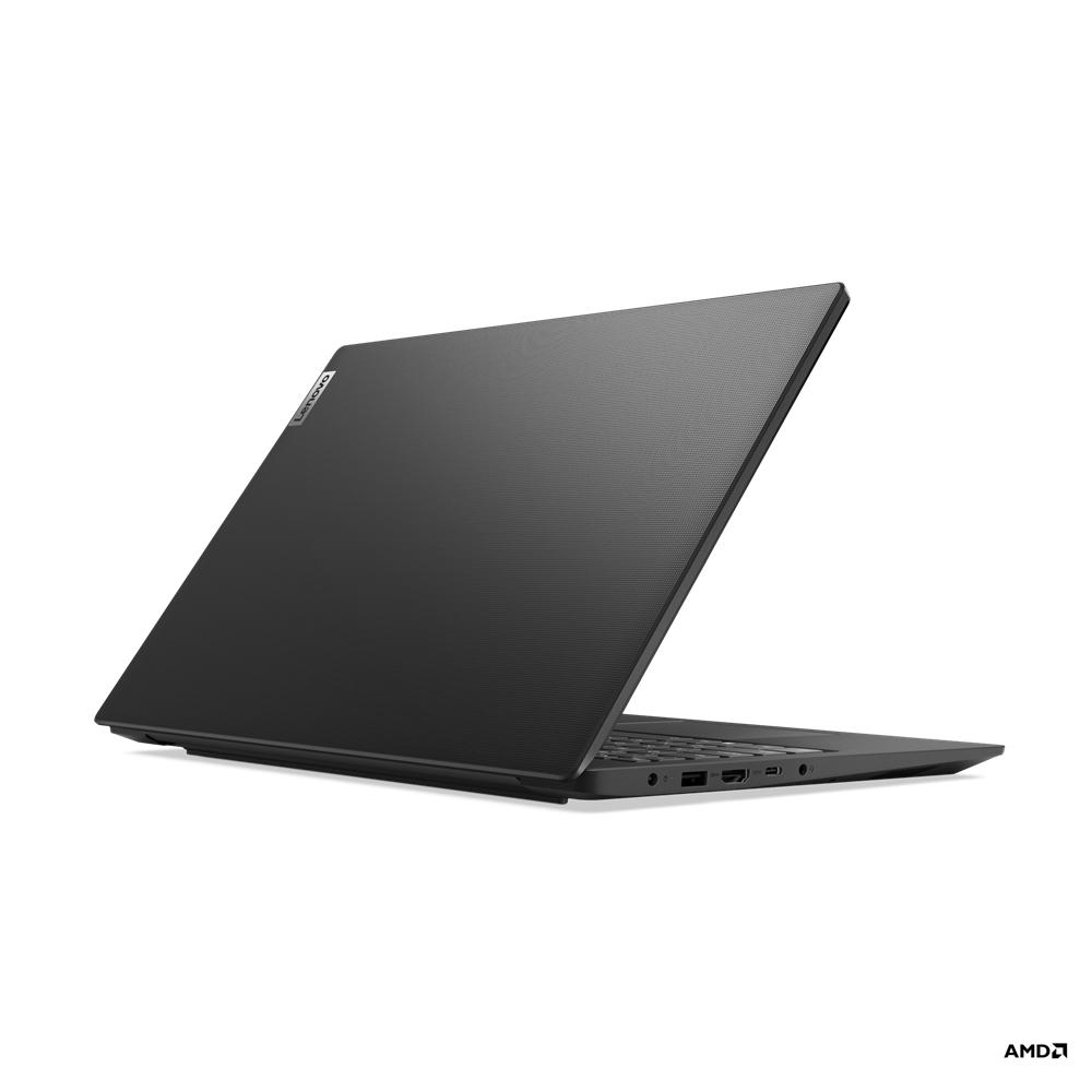Schwarzer Lenovo-Laptop in einem Winkel auf weißem Hintergrund.