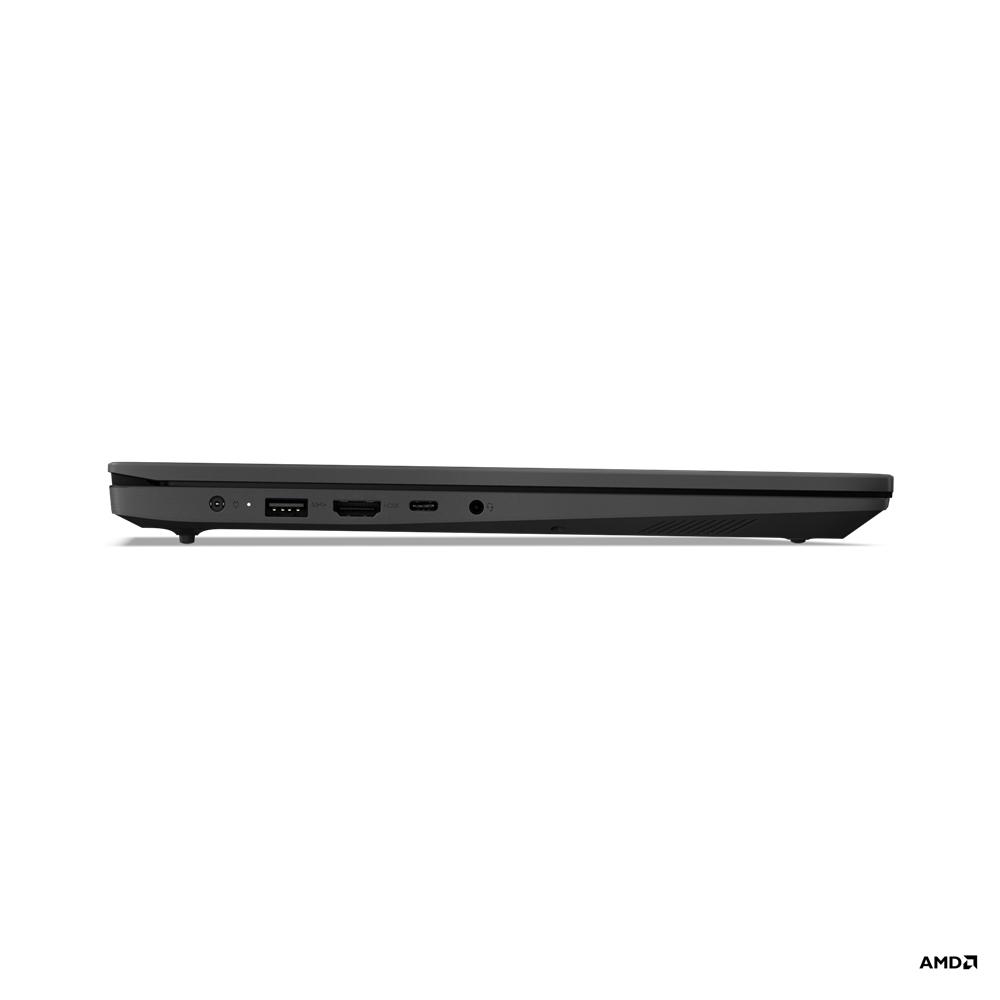 Schwarzer Laptop, Seitenansicht, minimalistisches Design, AMD-Logo.