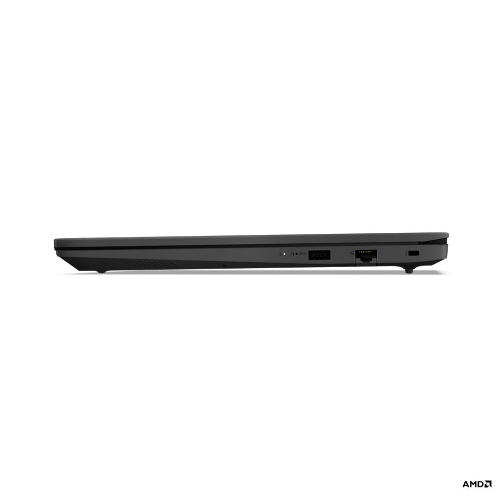Schwarzes Laptop-Seitenprofil mit sichtbaren Anschlüssen. Weißer Hintergrund, AMD-Logo unten rechts.