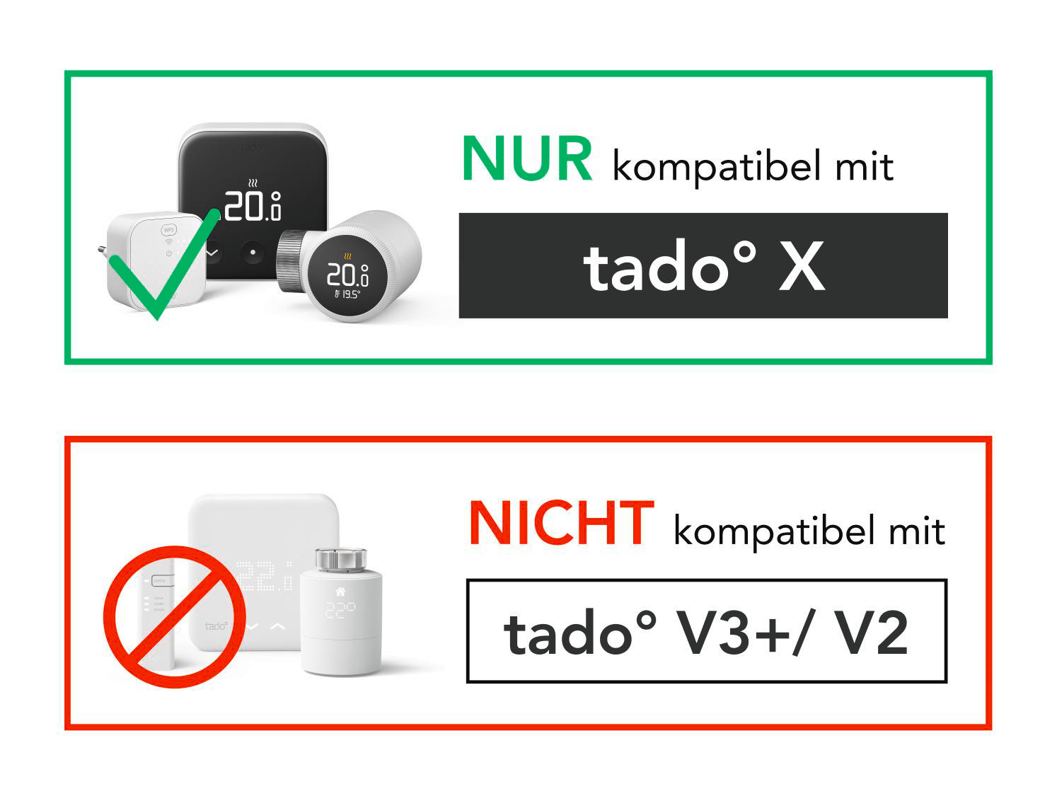 Das Bild zeigt zwei Schilder. Eines besagt, dass es mit Tado X kompatibel ist, das andere nicht mit V3+/V2. Thermostate sind abgebildet.