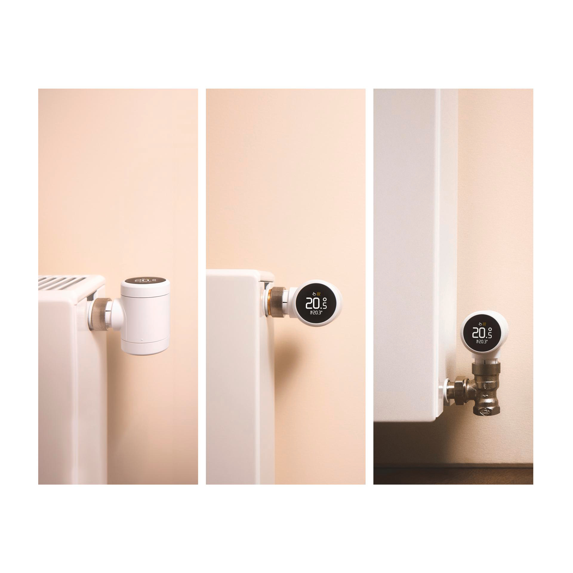 Drei weiße, intelligente Heizkörperthermostate an verschiedenen Heizkörpern. Jeder zeigt die Temperatur.