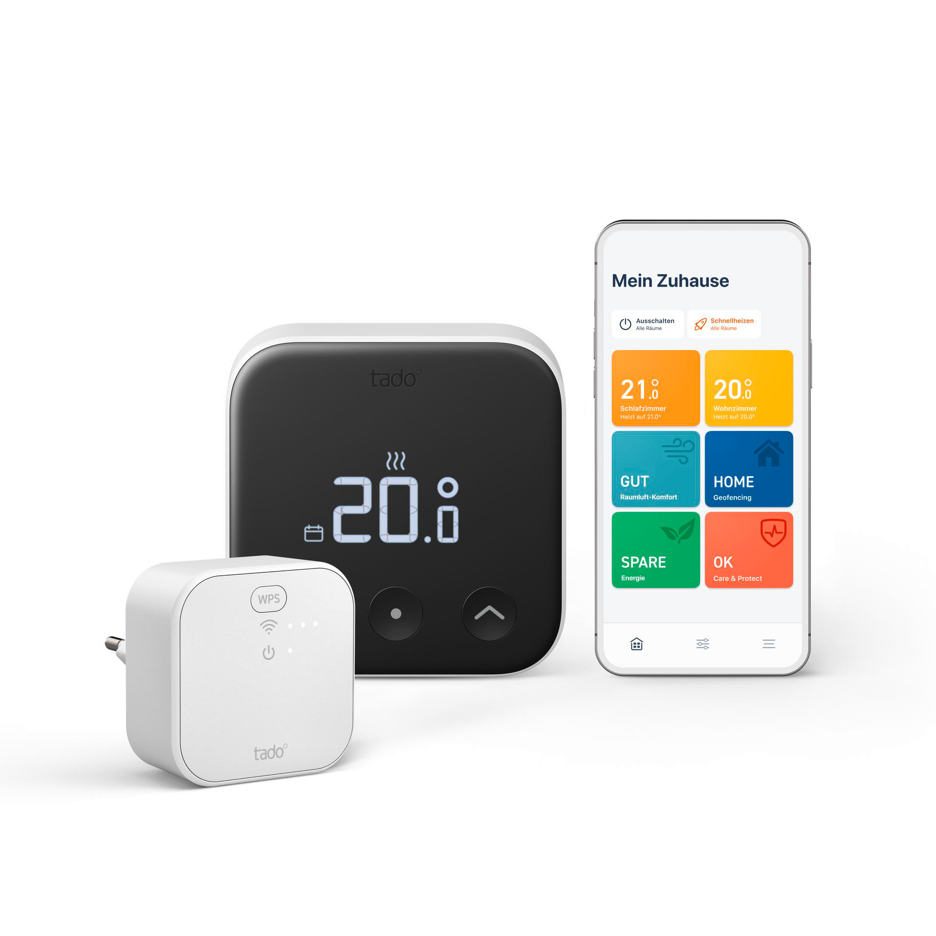 Smart Home Gerät-Setup mit Thermostat, Stecker und Smartphone. Weißer Hintergrund.