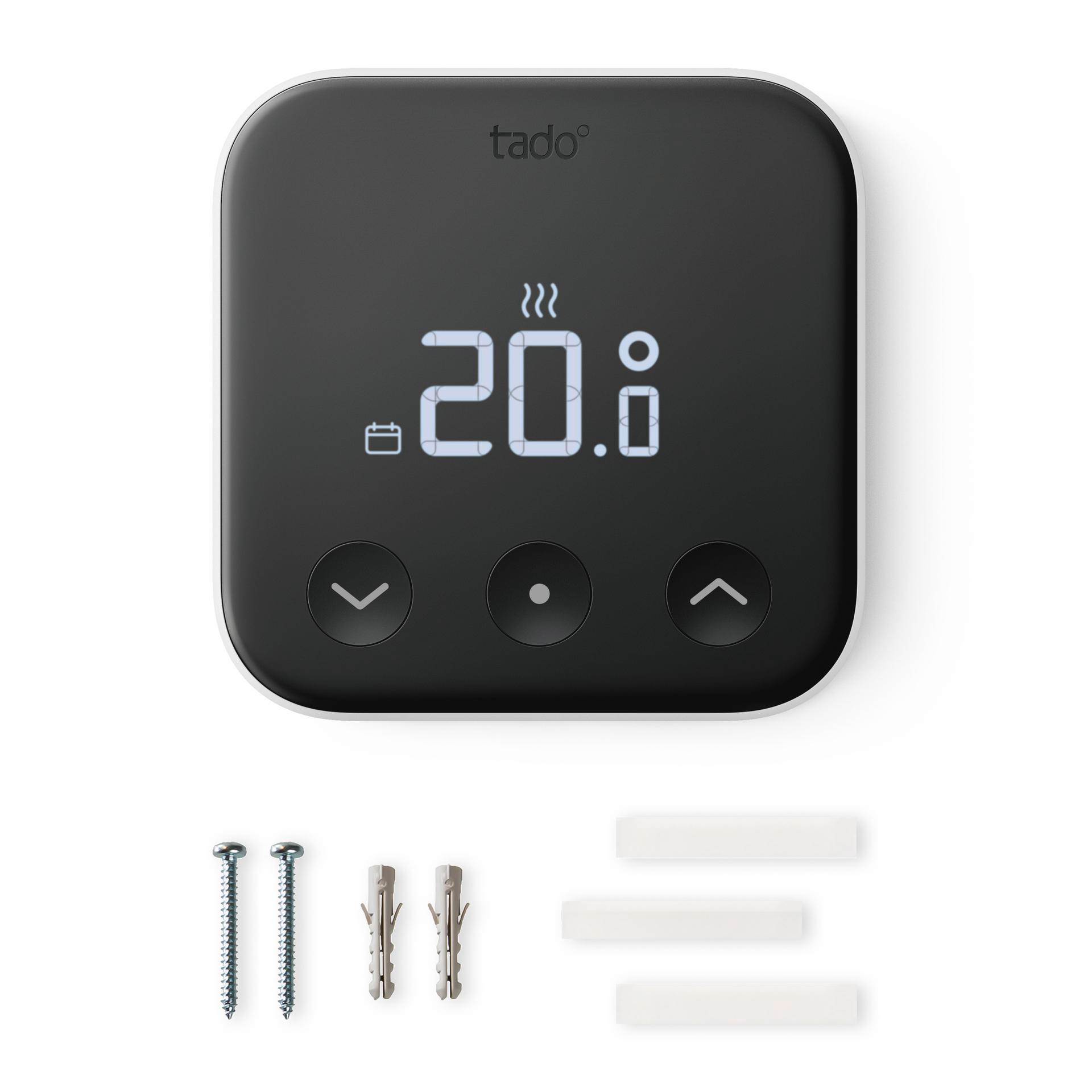 Schwarzer Smart-Thermostat mit Display, Schrauben und Montagematerial.