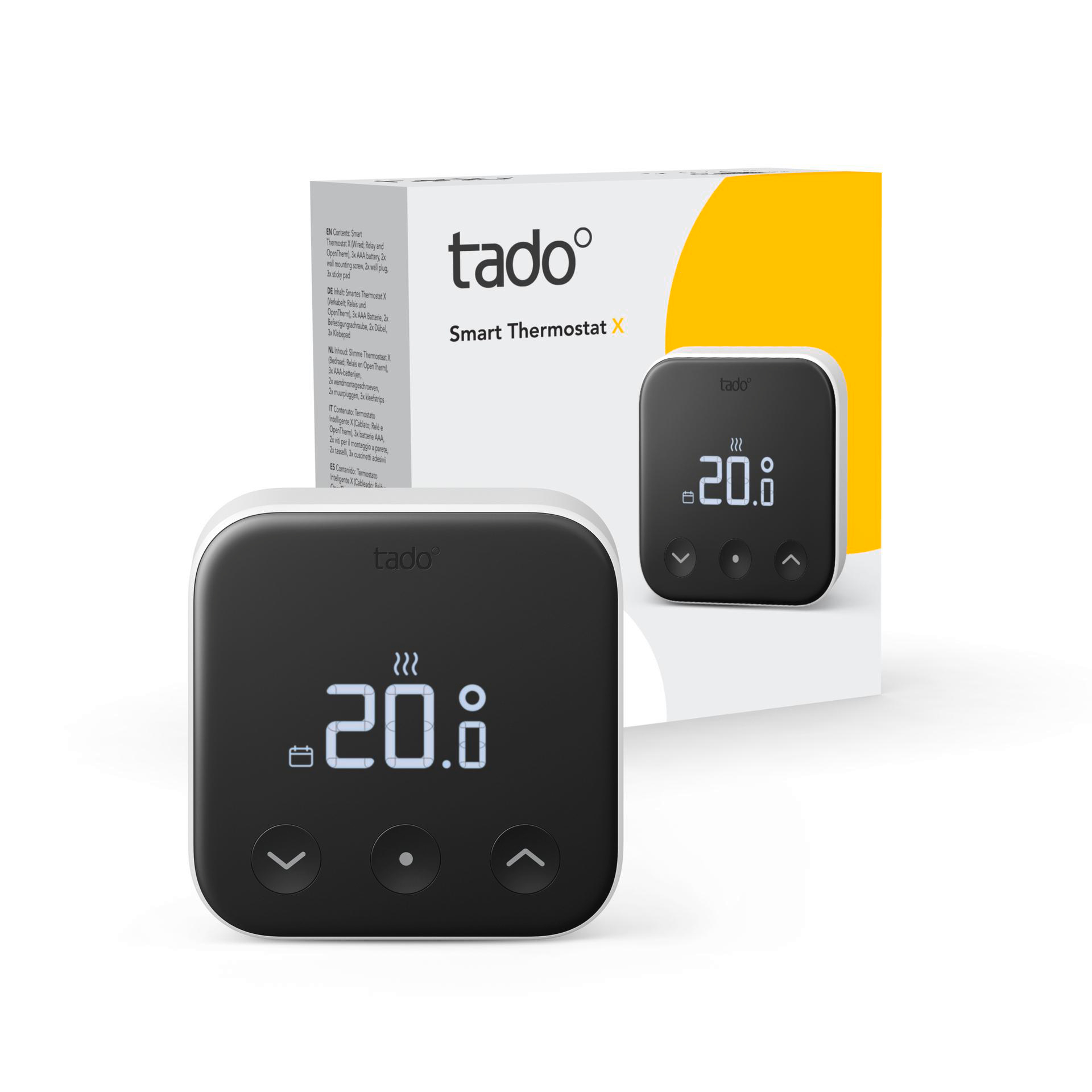 Ein weißer und schwarzer intelligenter Thermostat mit Digitalanzeige und seine Verpackung daneben.