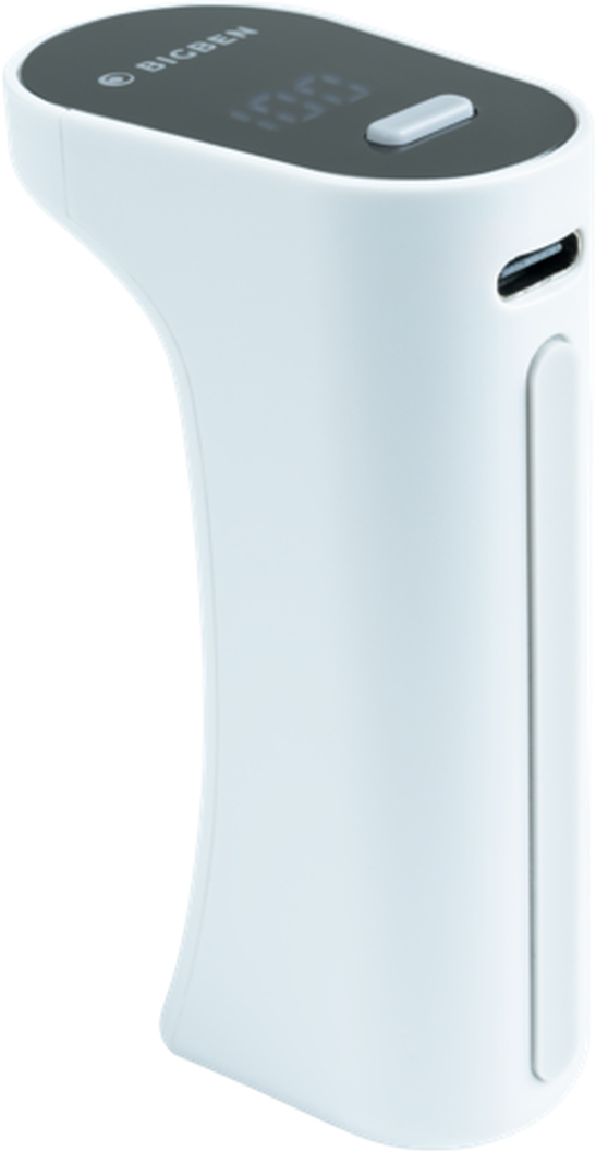 Appareil portable blanc et courbé avec un affichage numérique et un port USB.