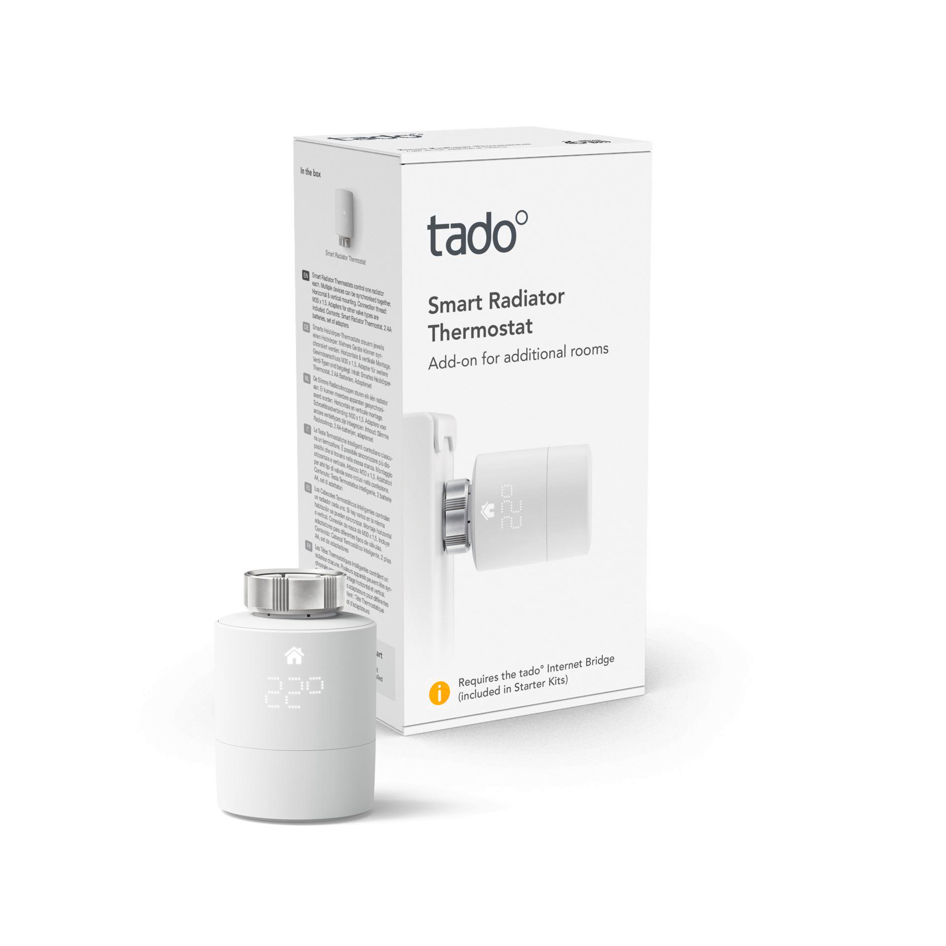Weiße tado° Smart Radiator Thermostat Box und Gerät. Es ist ein weißes Gerät mit Digitalanzeige und Knöpfen.