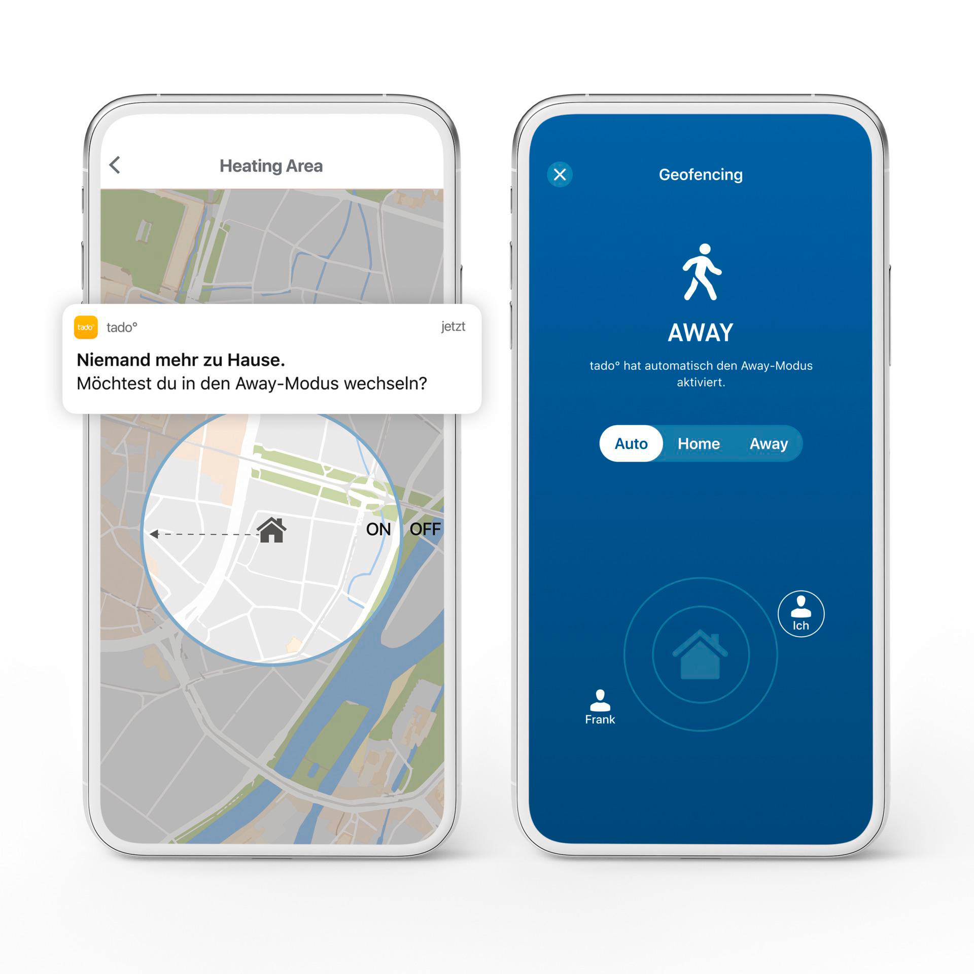 Zwei Smartphone-Bildschirme zeigen eine Karte und eine Haussteuerungs-Oberfläche.