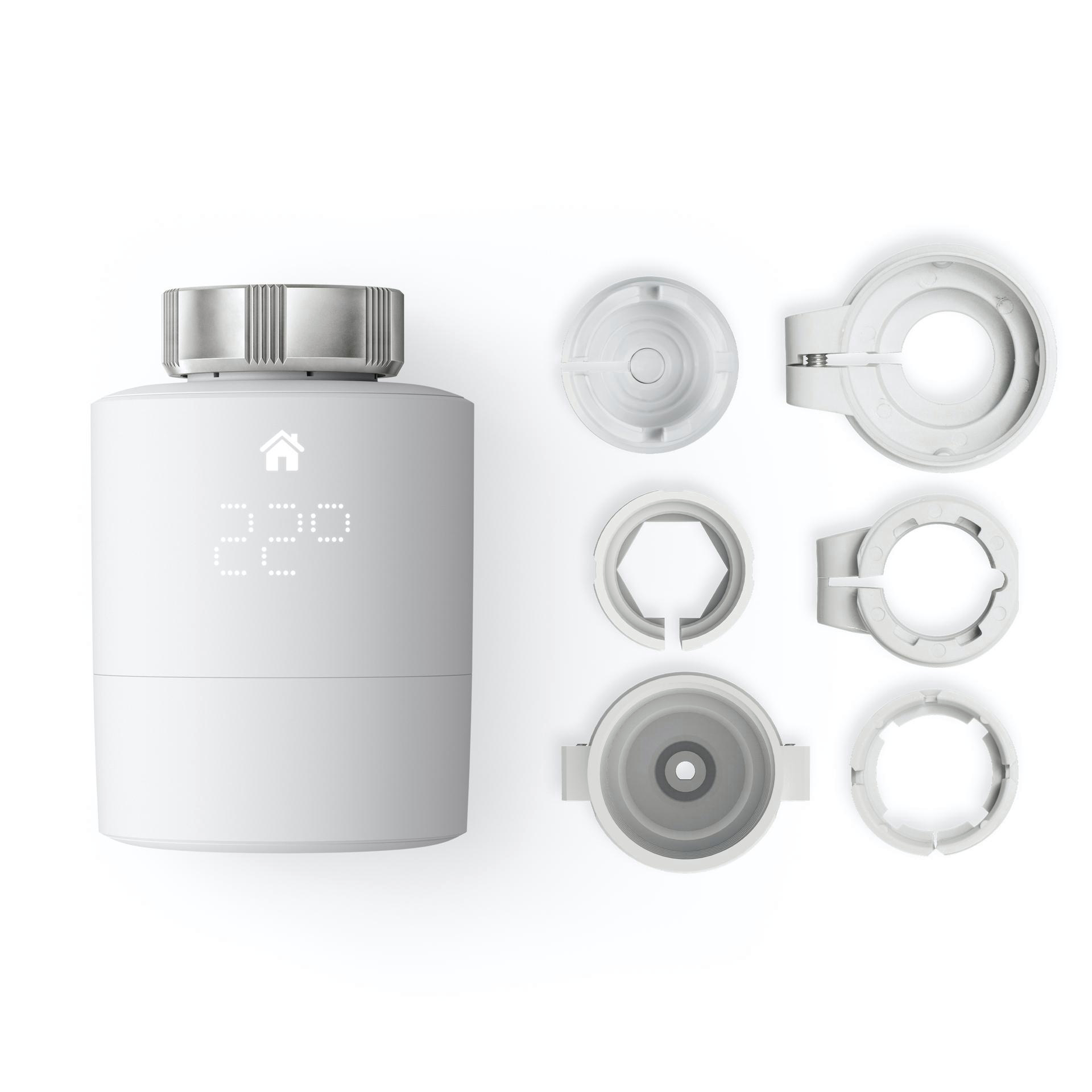 Weißer, intelligenter Thermostat mit Digitalanzeige und mehreren weißen Befestigungsringen.