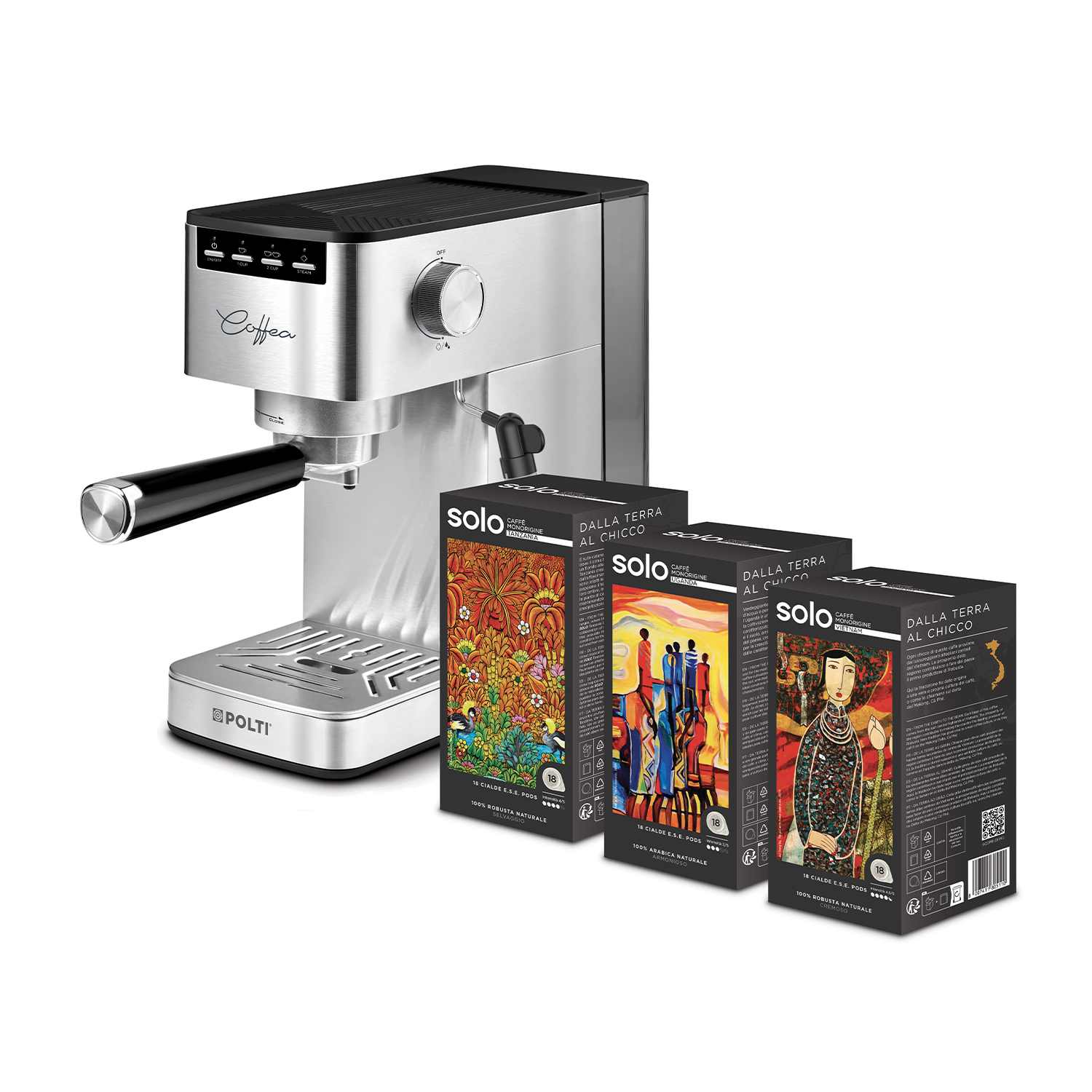 Una macchina per l'espresso con tre scatole di caffè.