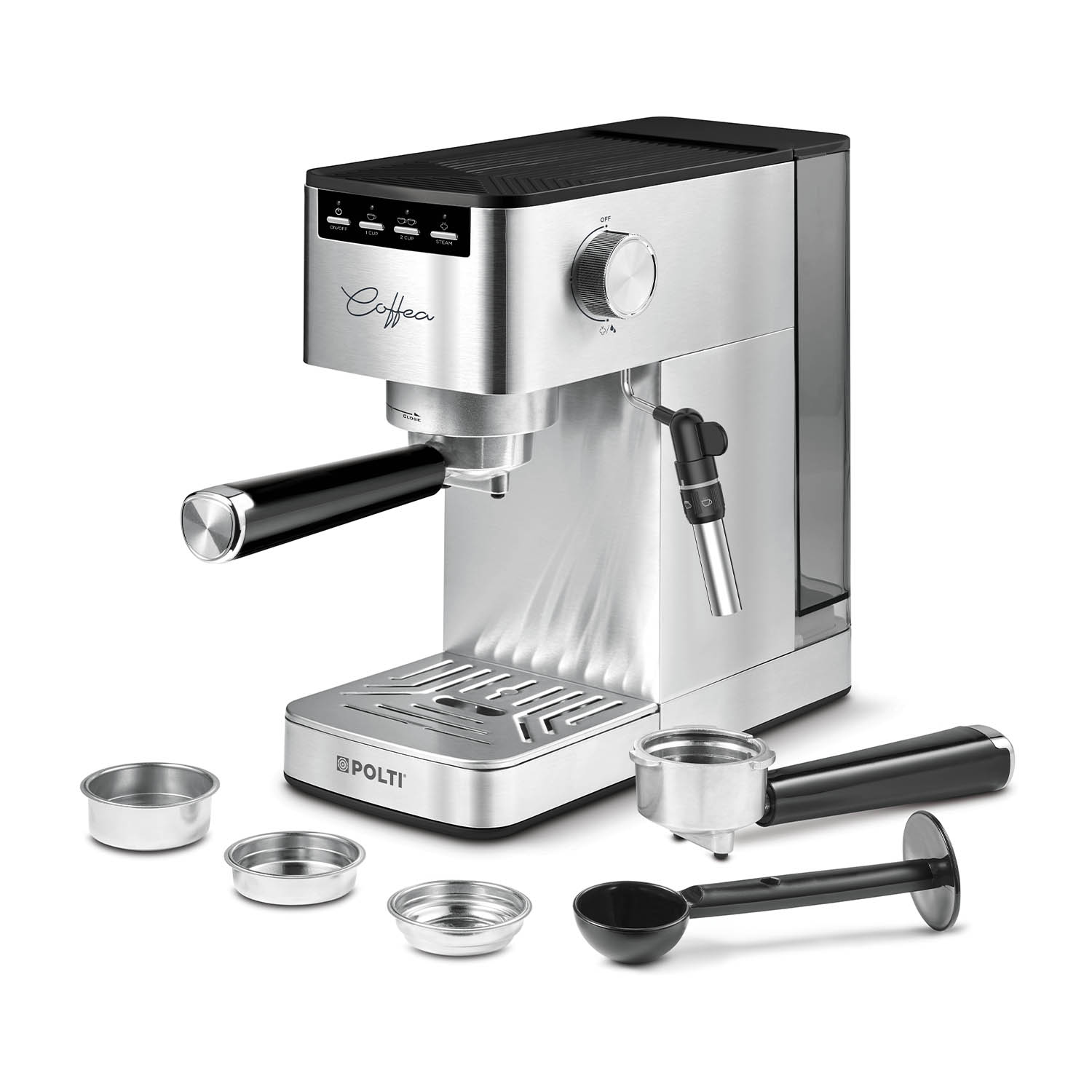 Macchina per espresso argento con accessori, tra cui portafiltro e tazze.