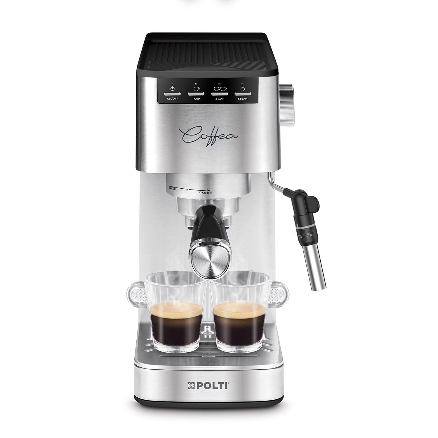 Macchina per caffè espresso argentata con lancia vapore, due bicchieri con espresso.