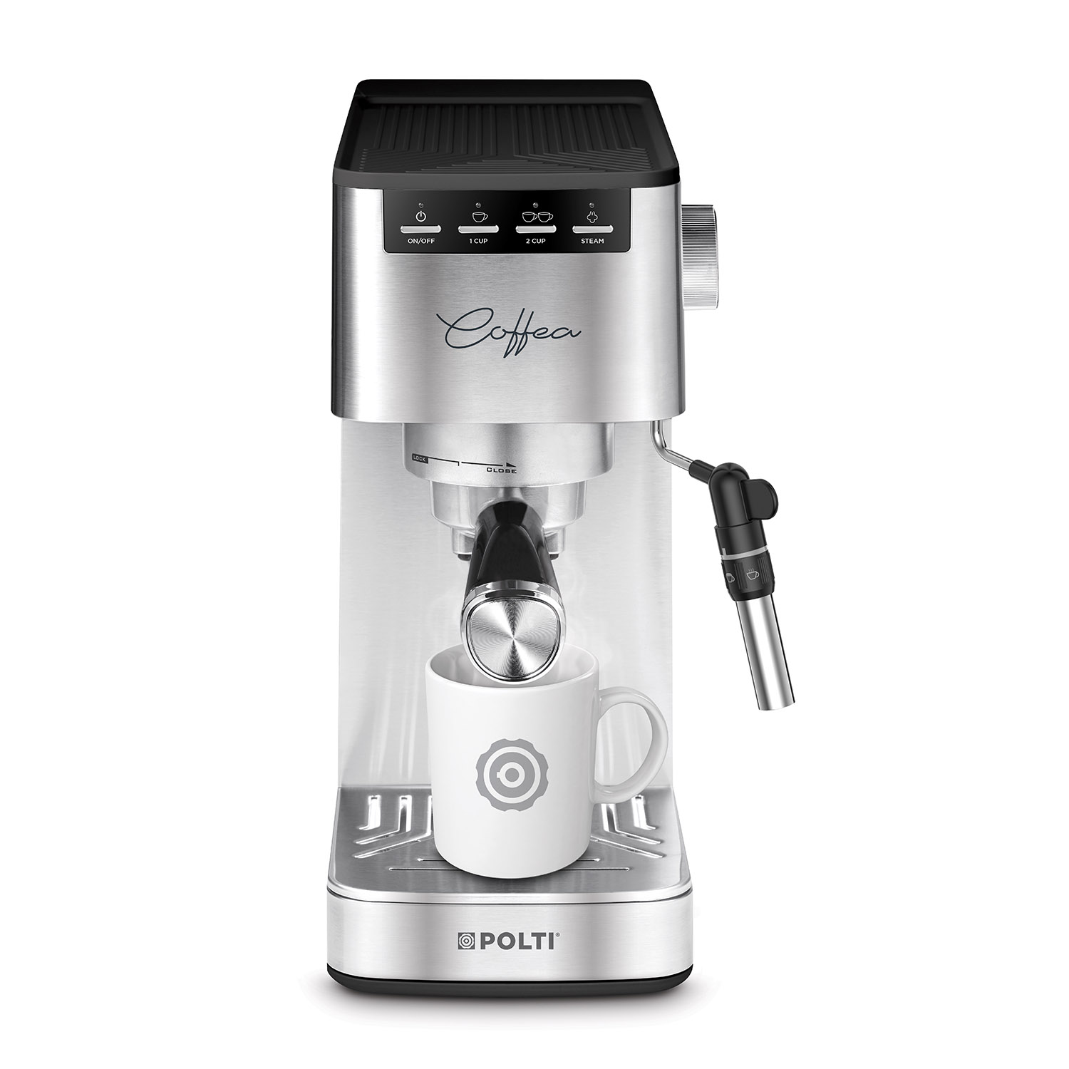 Una macchina per caffè espresso argentata con tazza bianca e lancia vapore, con l'etichetta 'Coffea'.