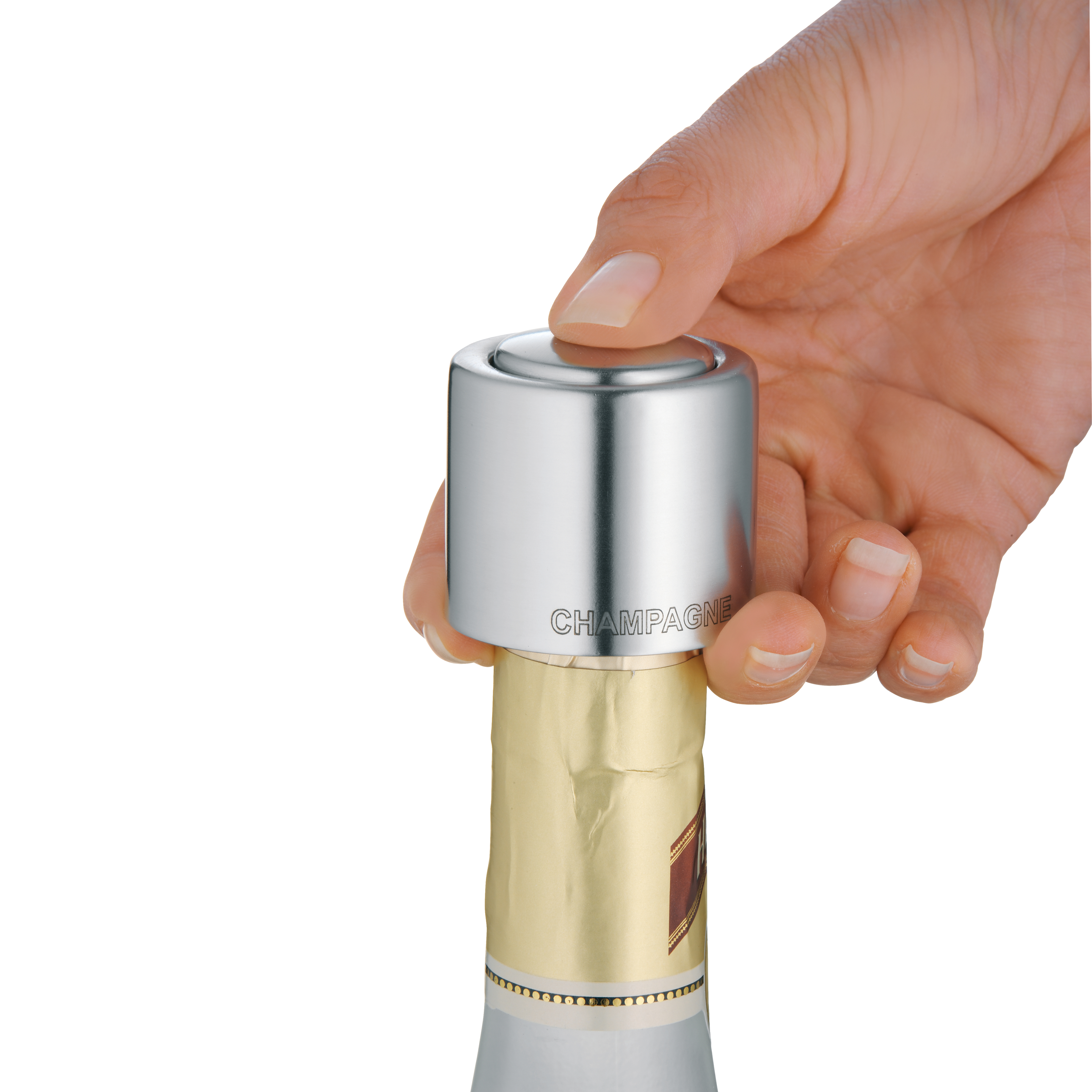 Hand drückt Champagnerflaschenverschluss, Silber- und Goldfarben.