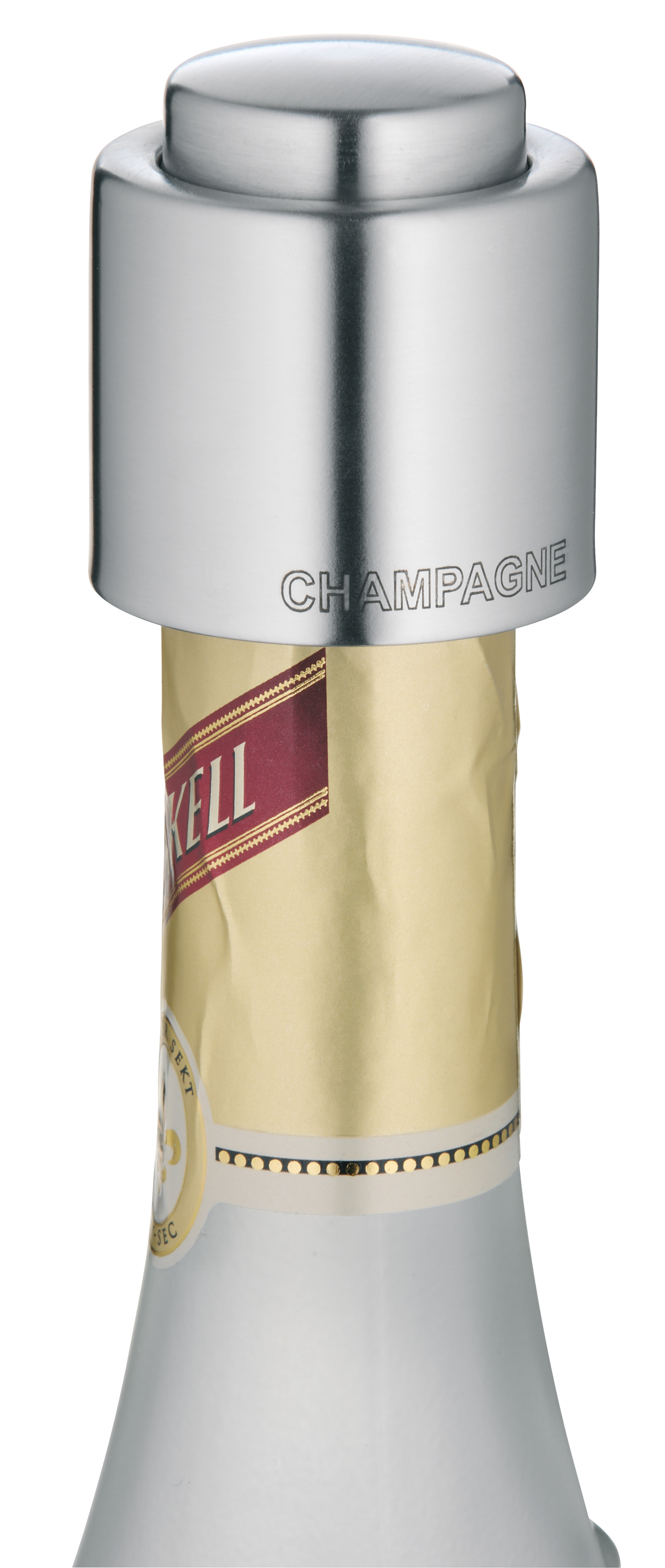 Champagnerflasche mit silbernem Metallverschluss. Das Wort CHAMPAGNE ist auf dem Verschluss aufgedruckt.