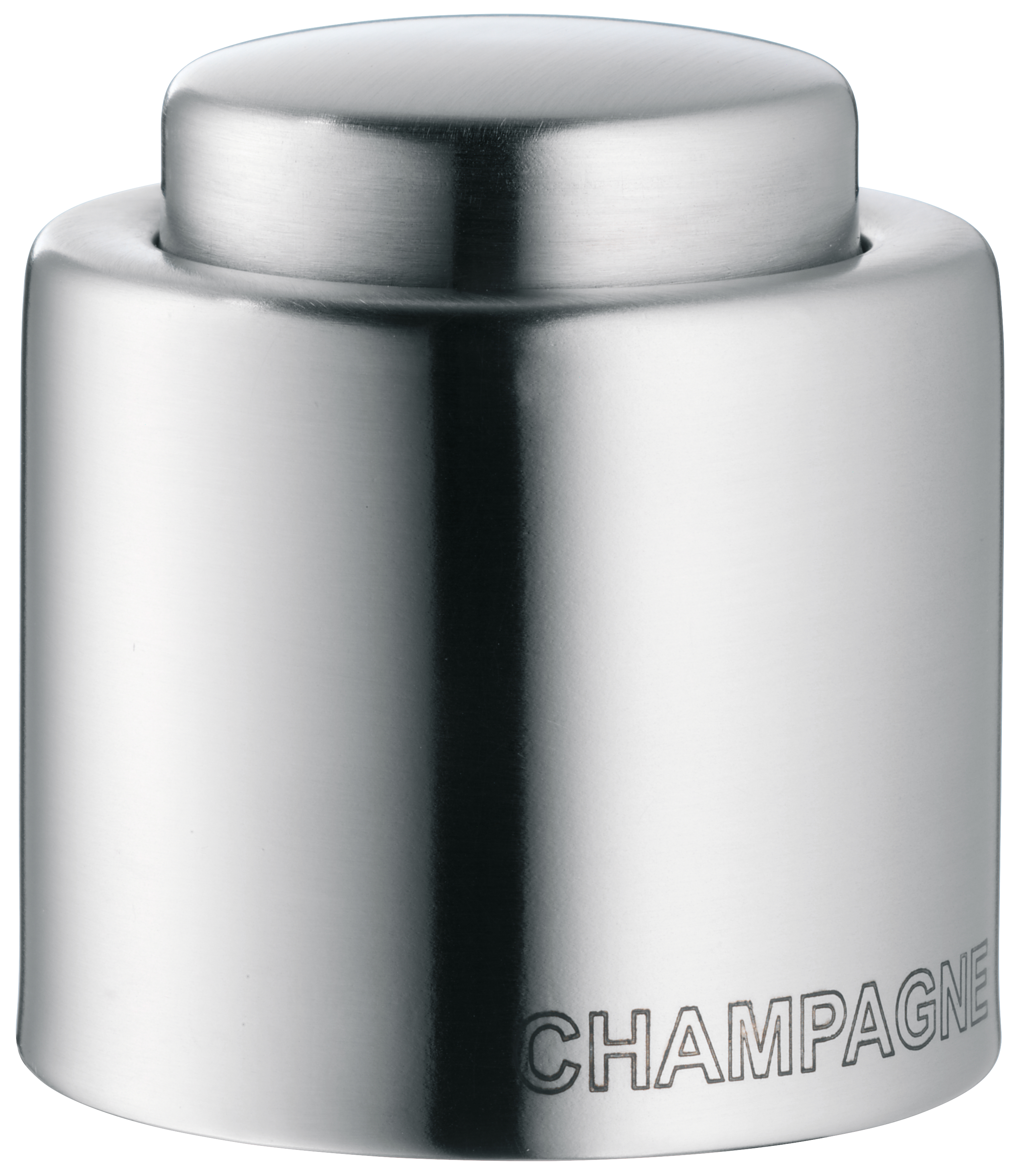 Ein glänzender silberner Champagner-Flaschenverschluss mit dem eingravierten Wort 'CHAMPAGNE'.