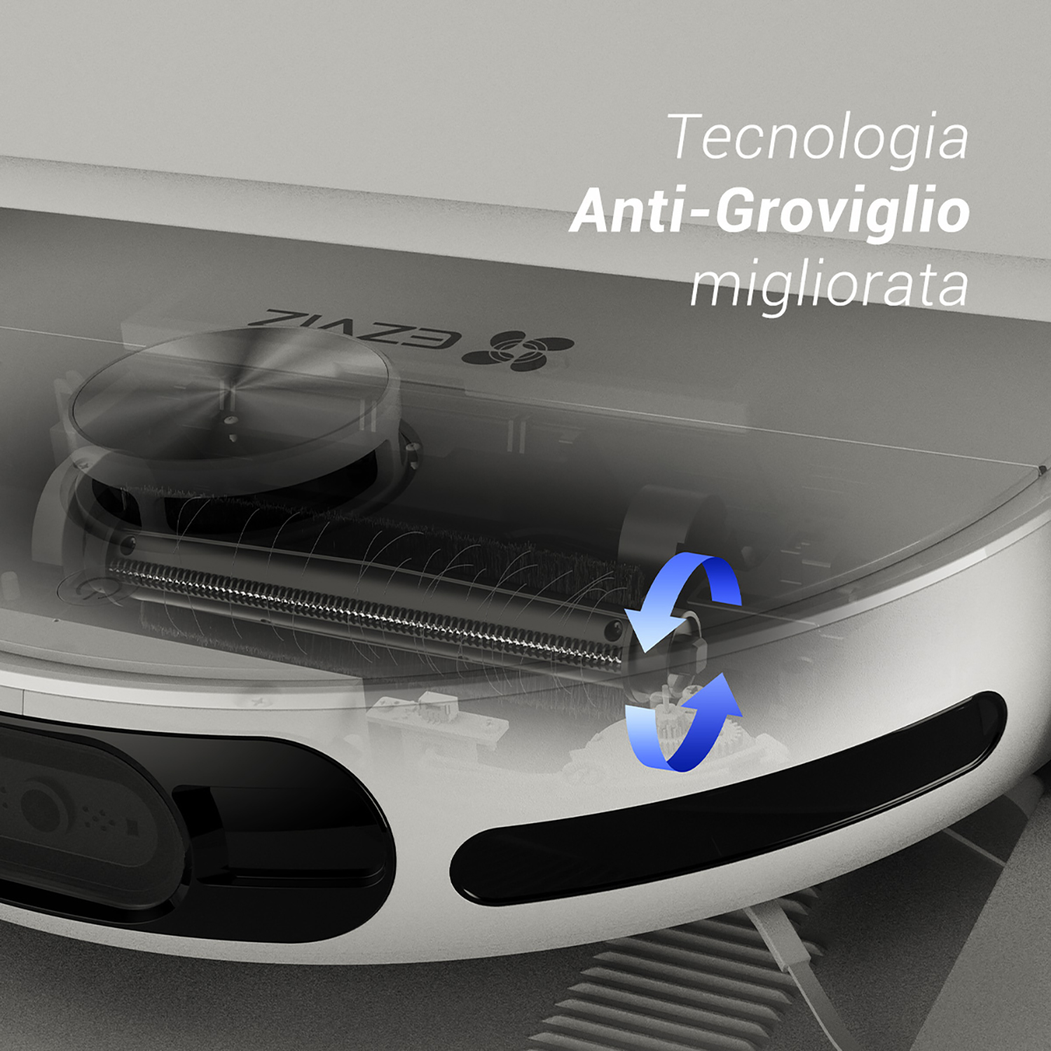 Primo piano di un aspirapolvere robotico bianco con frecce blu che mostrano l'azione di pulizia.