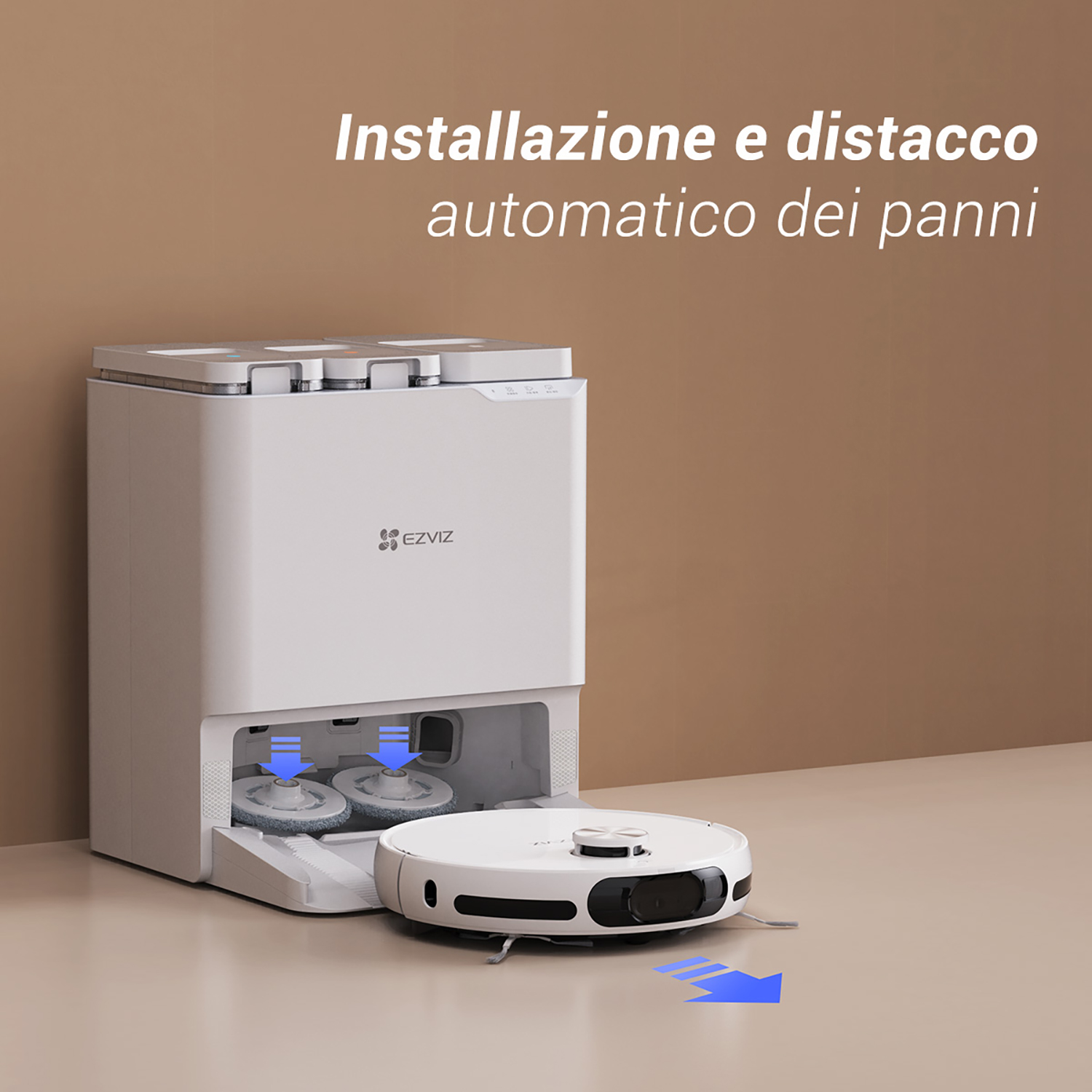 Robot aspirapolvere e stazione base che mostra l'installazione e il distacco dei panni.