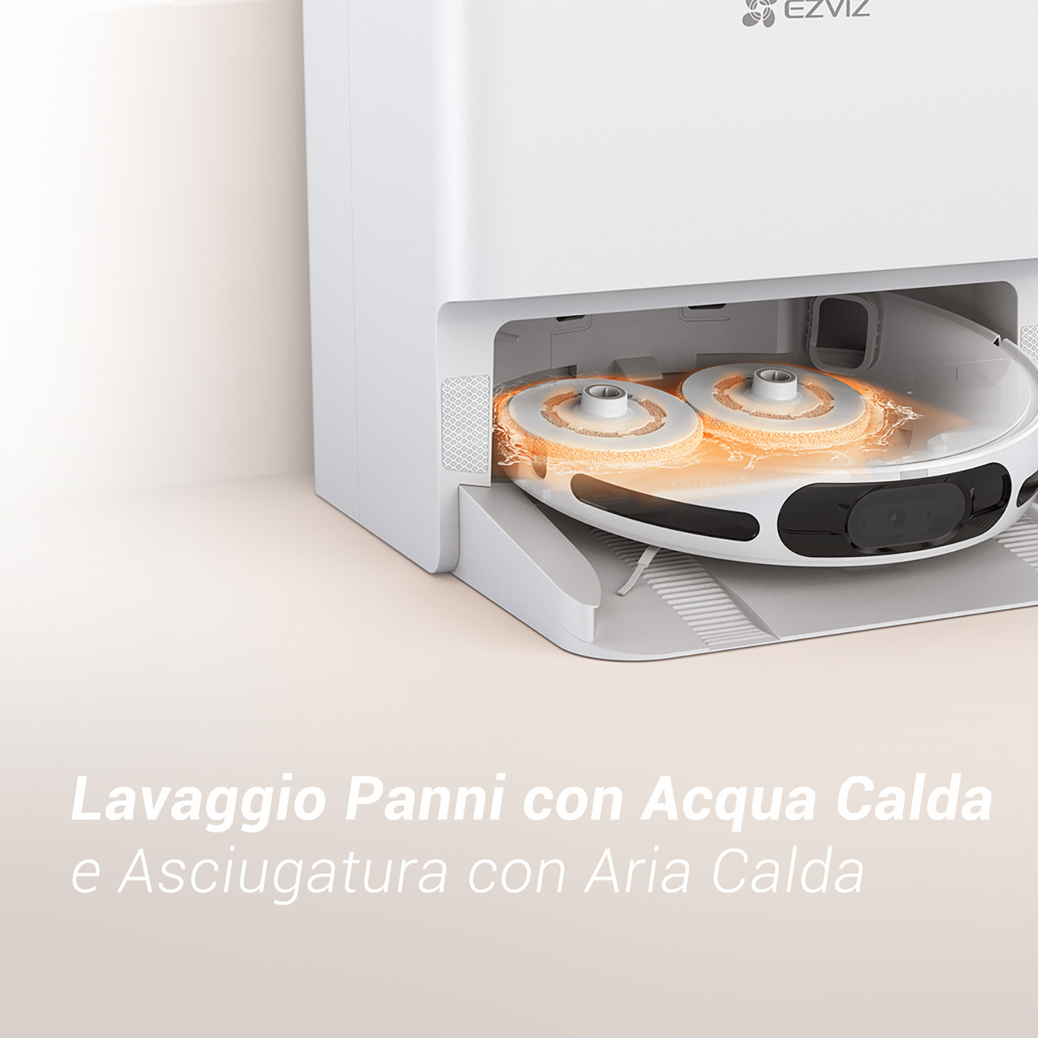 Robot per la pulizia bianco con due panni rotanti arancioni.