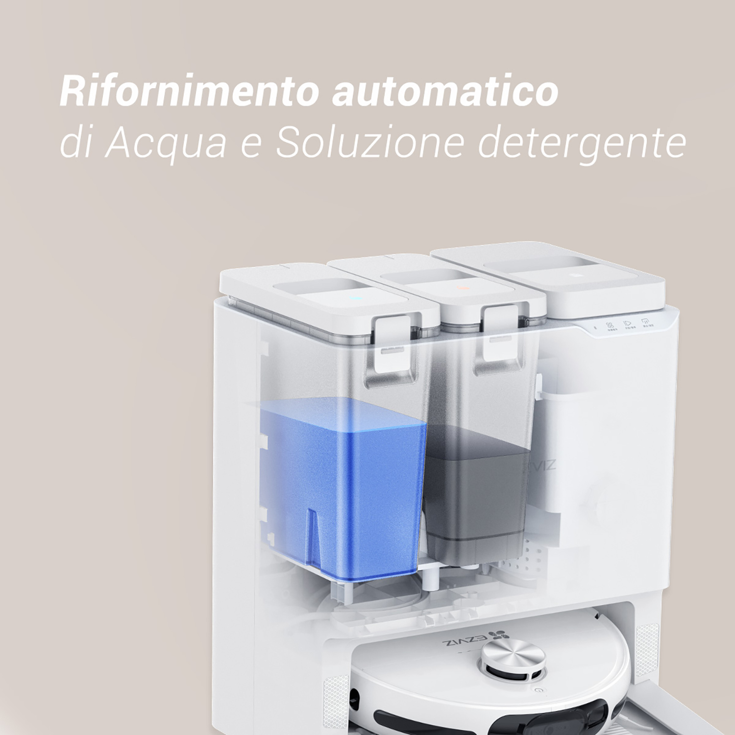 Aspirapolvere robot con serbatoi d'acqua, liquidi blu e neri visibili, esterno bianco, testo sopra.