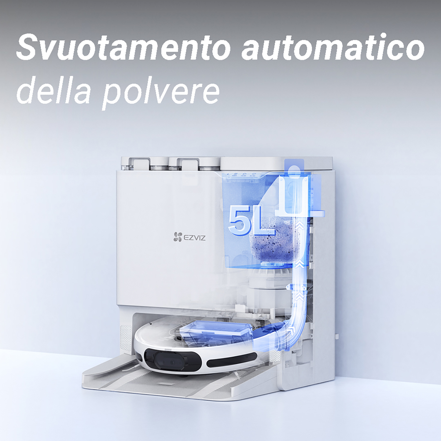 Un aspirapolvere robotico bianco con un serbatoio trasparente che mostra la raccolta della polvere.