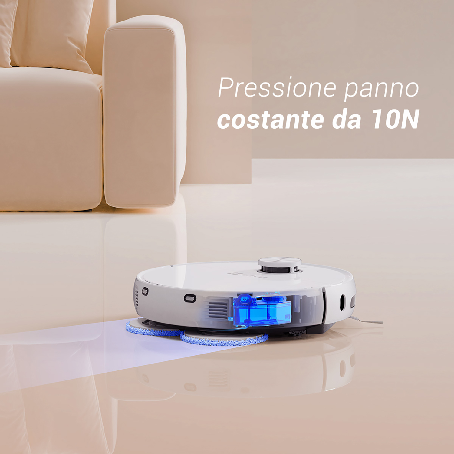 Aspirapolvere robot bianco su pavimento lucido. Il testo dice 'Pressione panno costante da 10N'.