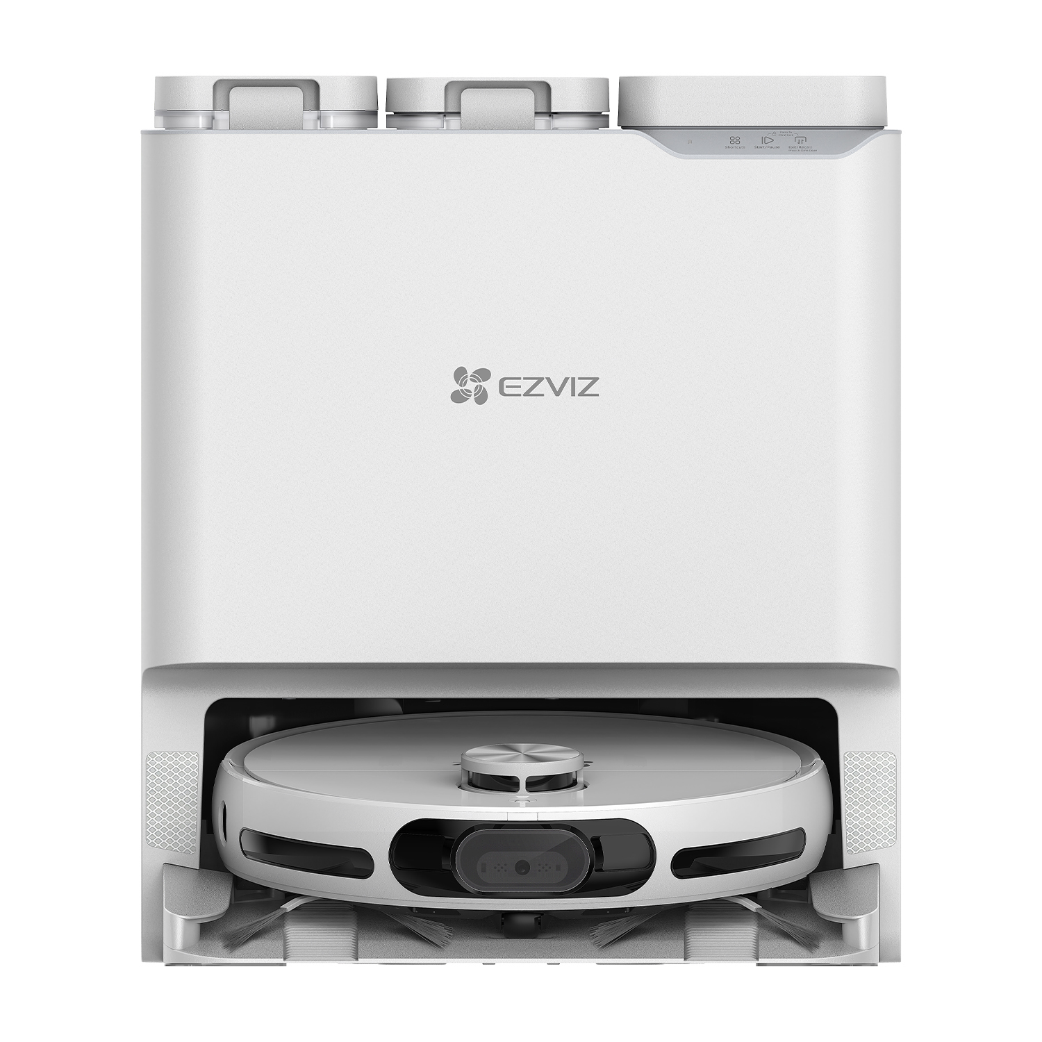 Aspirapolvere robot bianco, vista frontale, con base di ricarica. Il marchio EZVIZ è visibile.