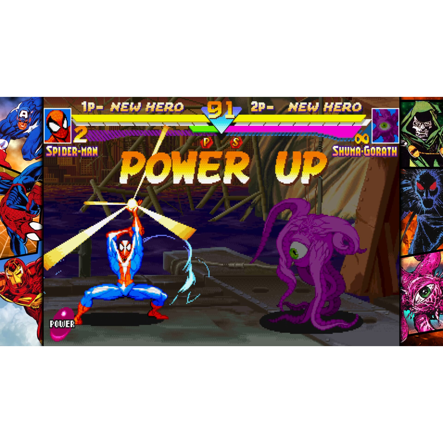 Een arcade gamescherm toont een gevecht tussen Spider-Man en een paars monster. Power Up-tekst staat in het midden.