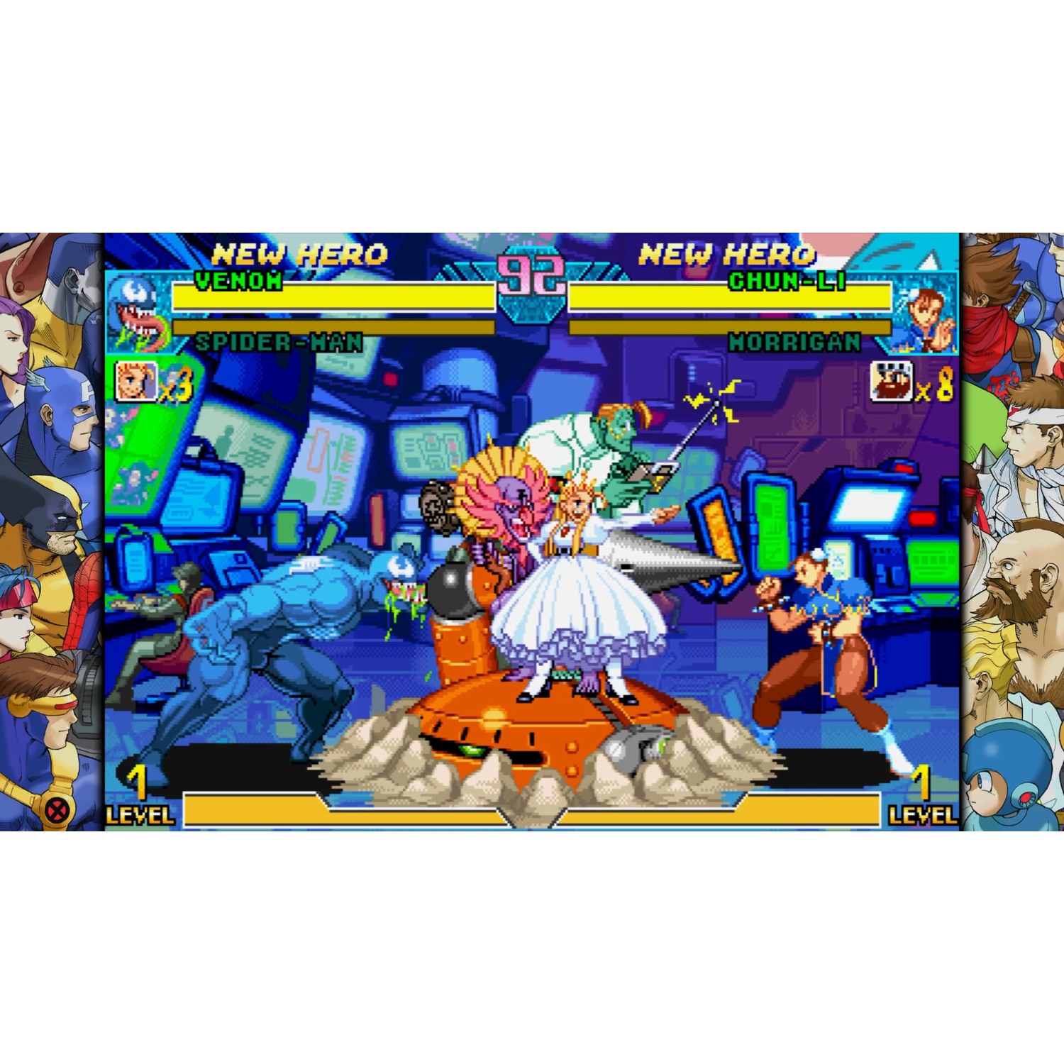 Een vechtgame scène met Venom en Spider-Man vs Chun-Li en Morrigan. Pixel graphics en een level indicator.