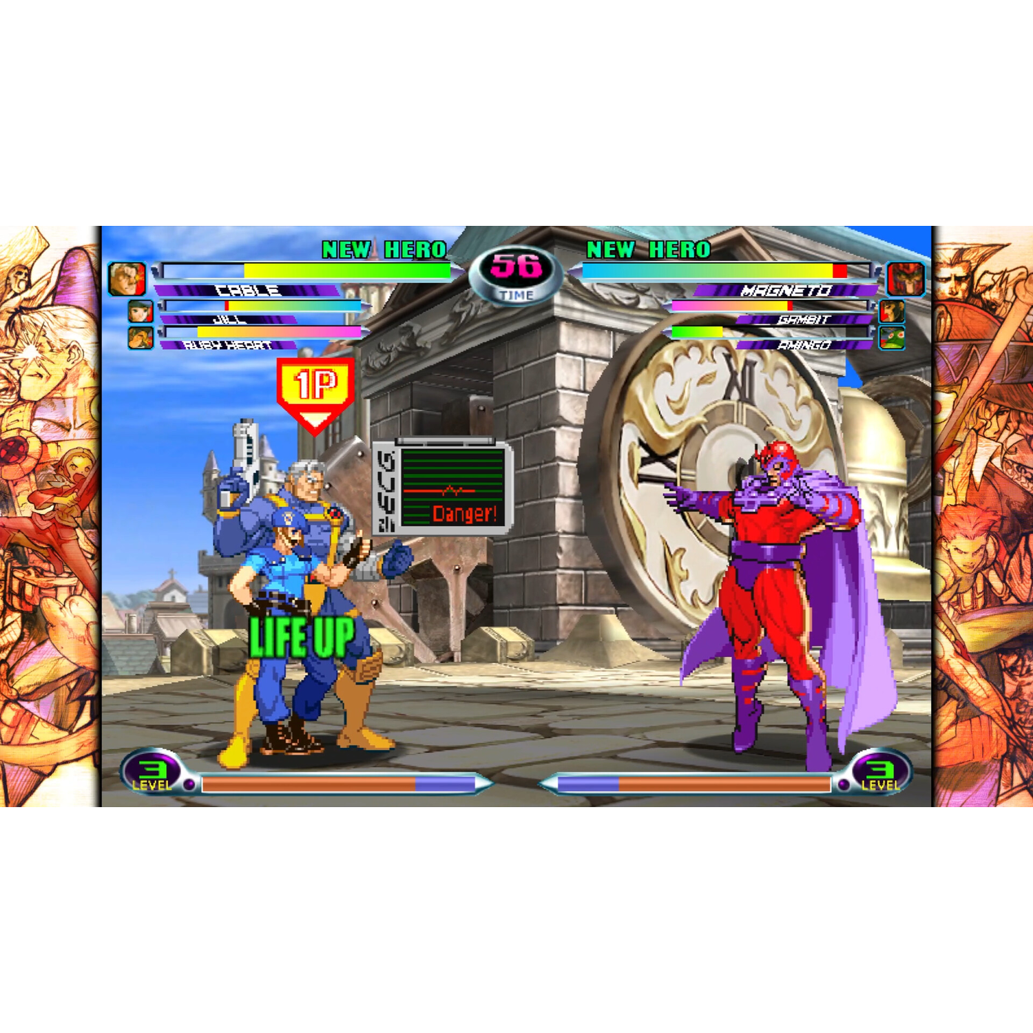 Videogame scherm. Cable en Magneto vechten met Life Up.