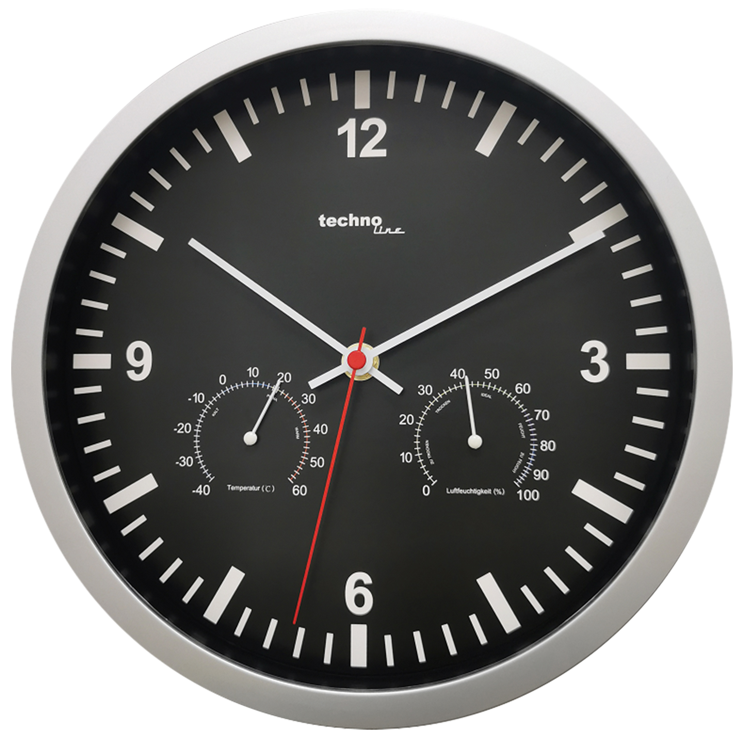 Schwarze Wanduhr mit weißen Zeigern und Zahlen. Zwei Zifferblätter für Temperatur und Luftfeuchtigkeit. Silberner Rahmen.