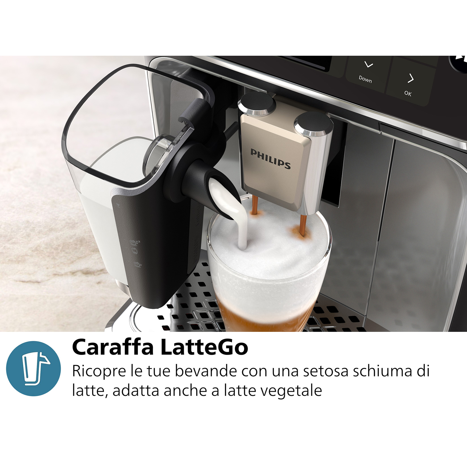 Macchina da caffè che eroga latte in un bicchiere. Testo: Caraffa LatteGo.