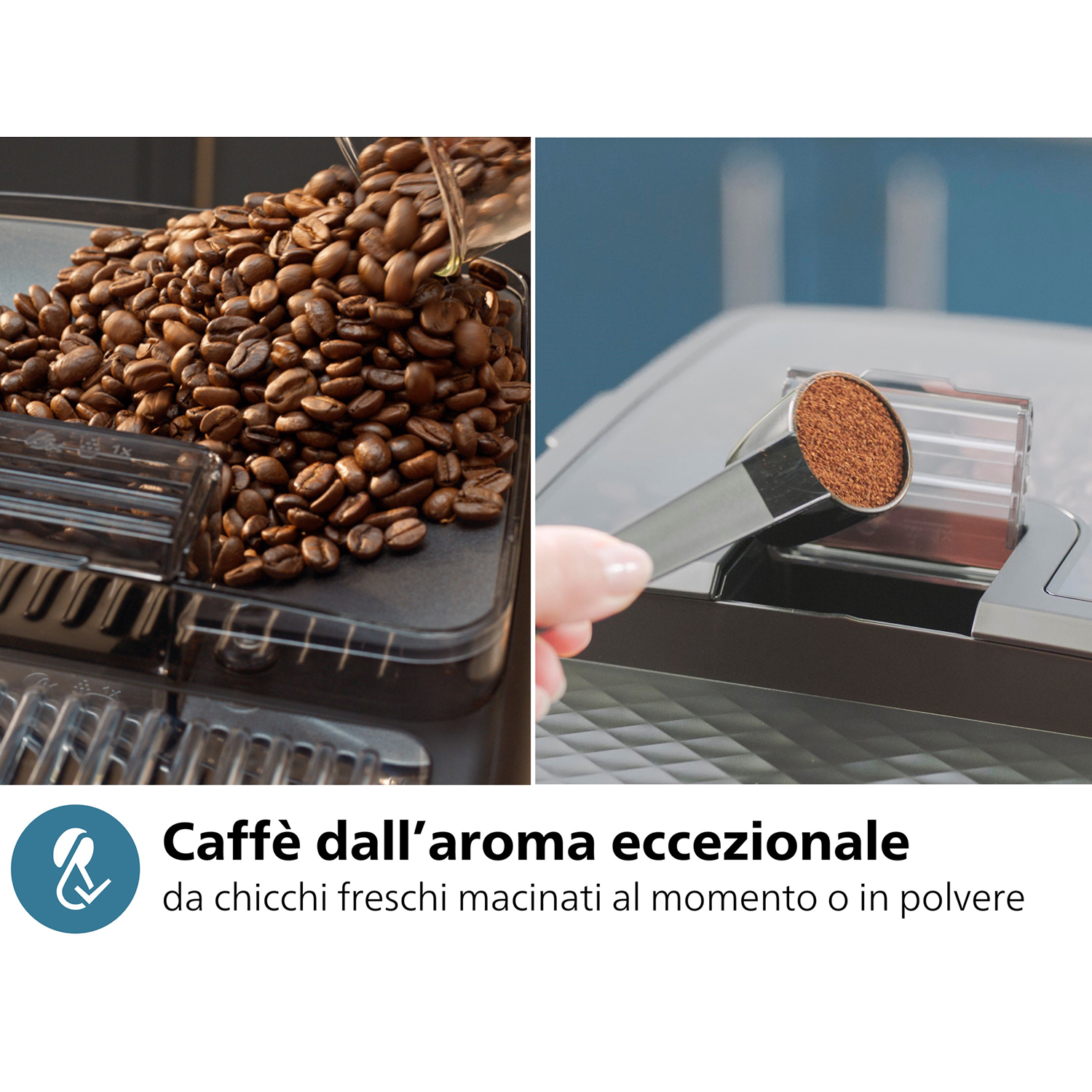 Due immagini mostrano chicchi di caffè versati e caffè macinato misurato.