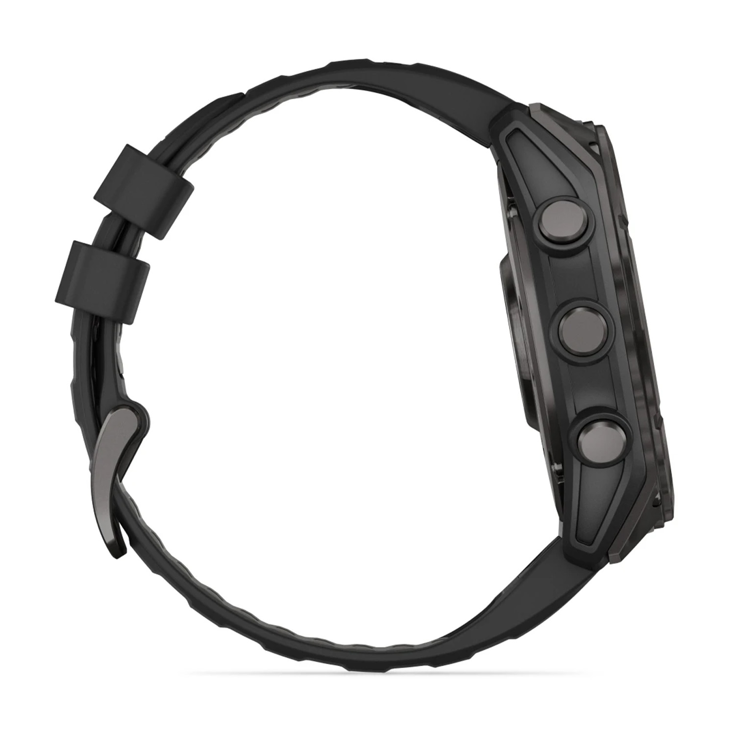 Uno smartwatch nero con cinturino nero, vista laterale, che mostra i pulsanti e i dettagli del cinturino.