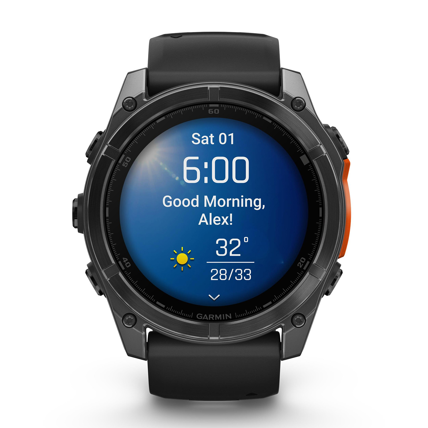 Uno smartwatch nero mostra l'ora, il meteo e un messaggio, con un accento arancione.