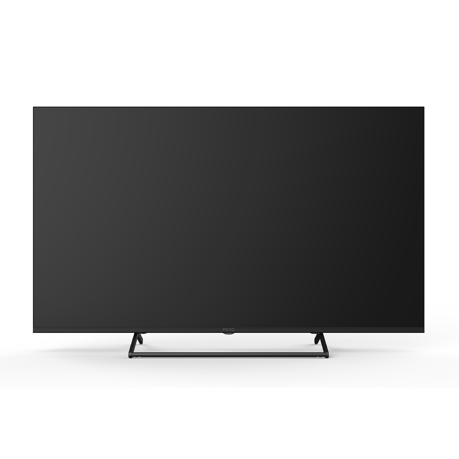 Una grande TV a schermo piatto nero su sfondo bianco con supporto nero.
