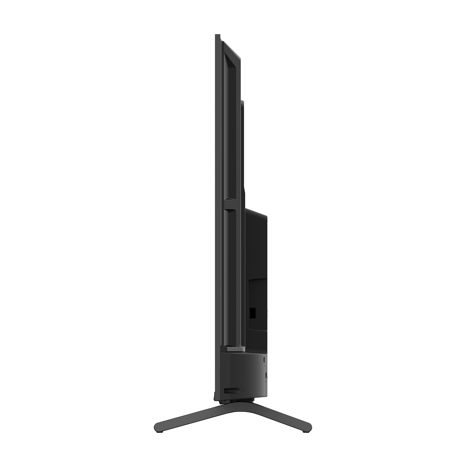 Vista laterale di una TV nera con supporto. È su sfondo bianco.