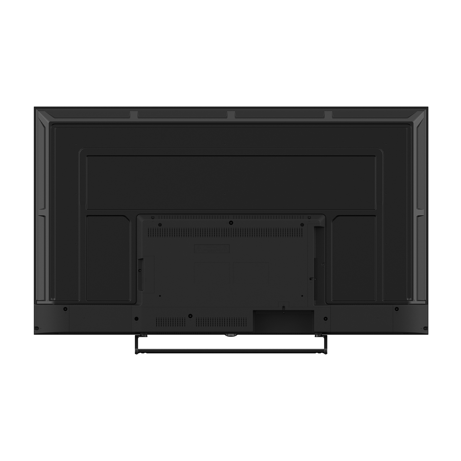 Vista posteriore di una grande TV nera con porte multiple e un pannello centrale.